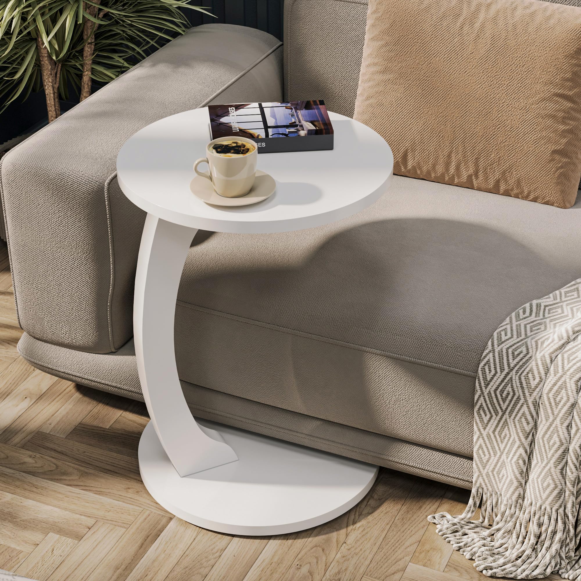 Mesa auxiliar pequeña en forma de C, mesa redonda para sofá y sofá con ruedas, mesa de almacenamiento, mesa redonda (forma C, blanco)