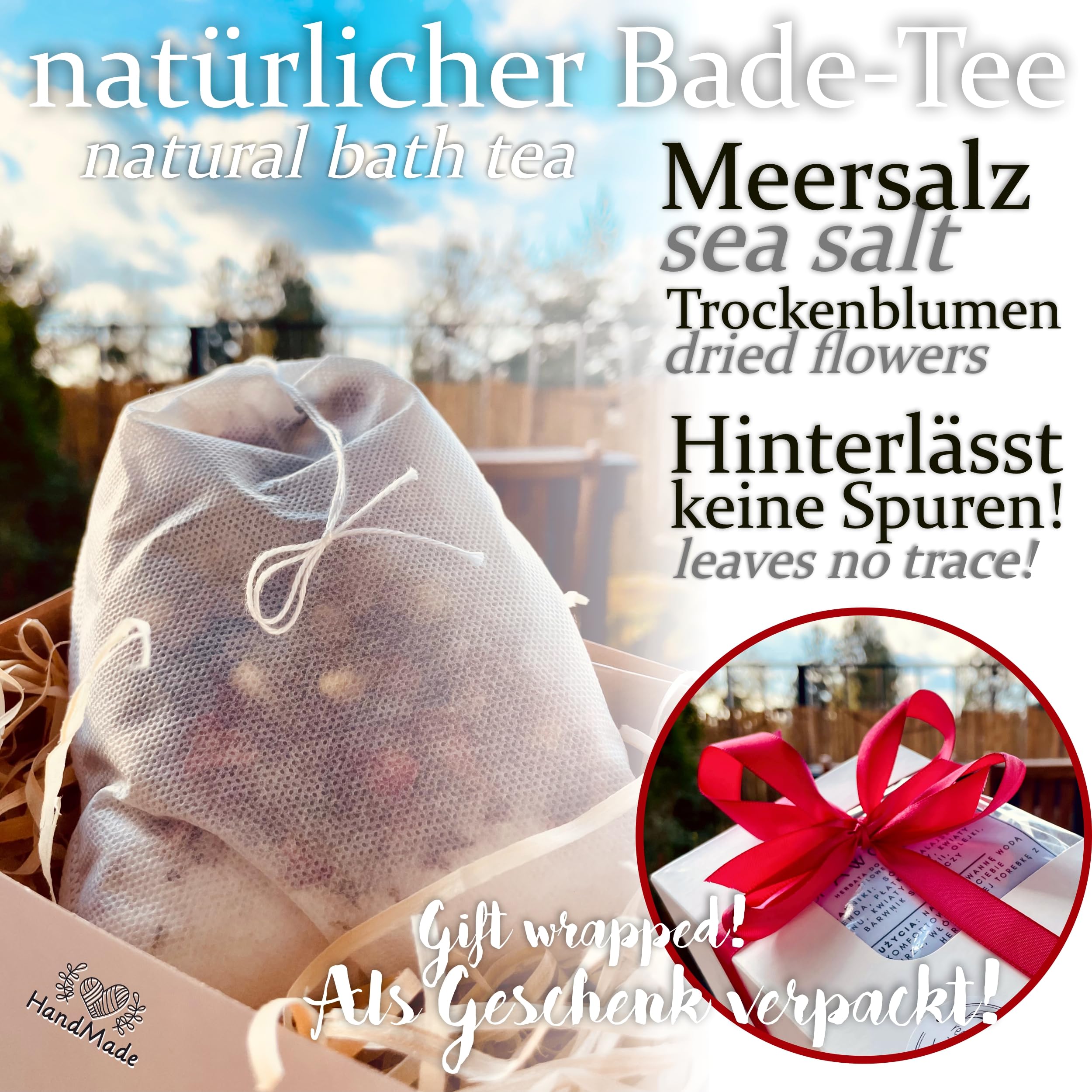 BADETEE Natürlicher Handgefertigt Bade-Tee | Aromatherapie, natürlichen Inhaltsstoffen | Himalayasalz, ätherischen Ölen, Kräutern – Hautpflege, Entspannung, Wellness-Bad (Set 3x)