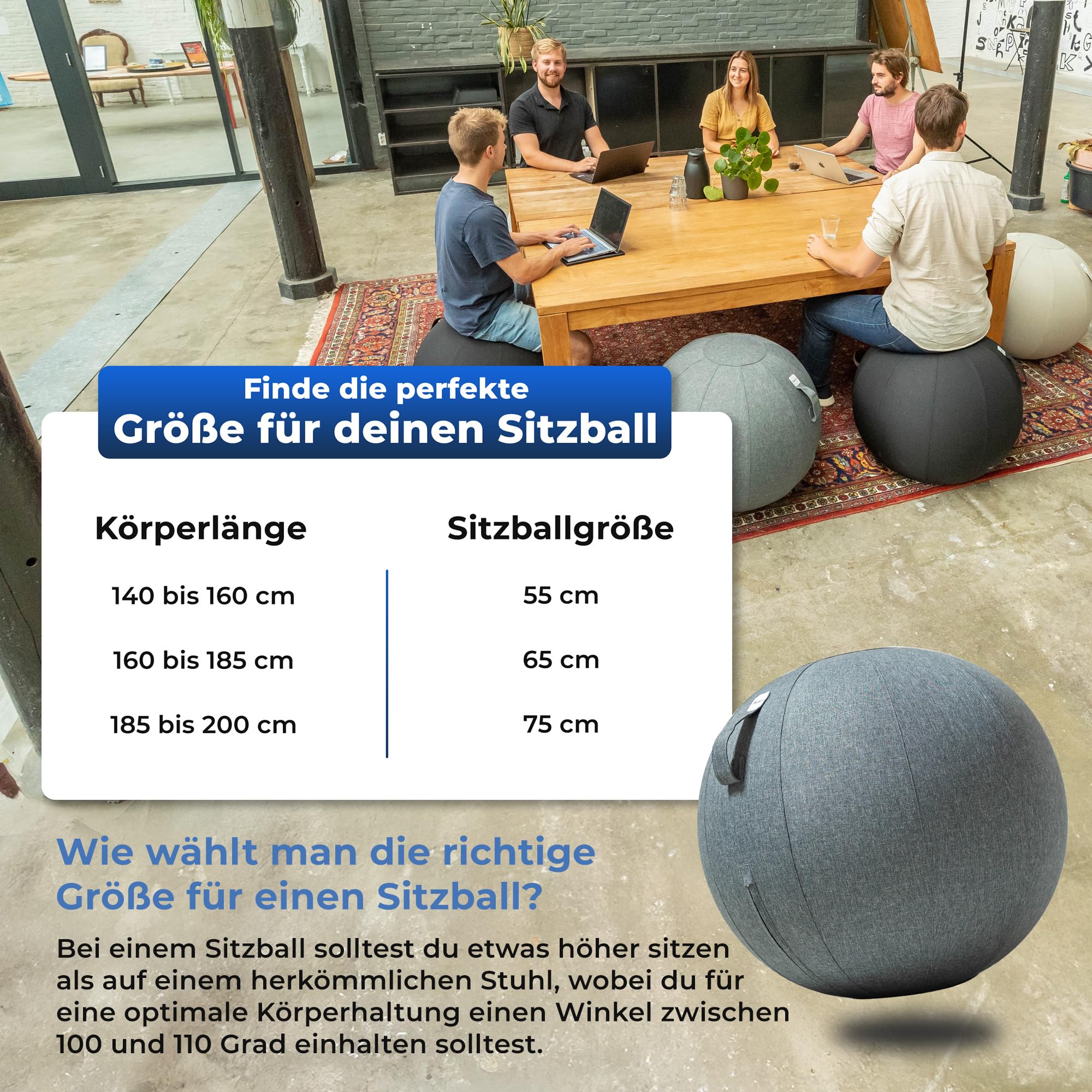 Backerz Sitzball 75 cm - Ergonomische Sitzmöbel für Büro und Heimbüro - Langlebiger Stoff, Gymnastikball - Fitness-Ball, Ballstuhl mit Ballauflage - Waschbarer Leinenbezug - Dunkelgrau
