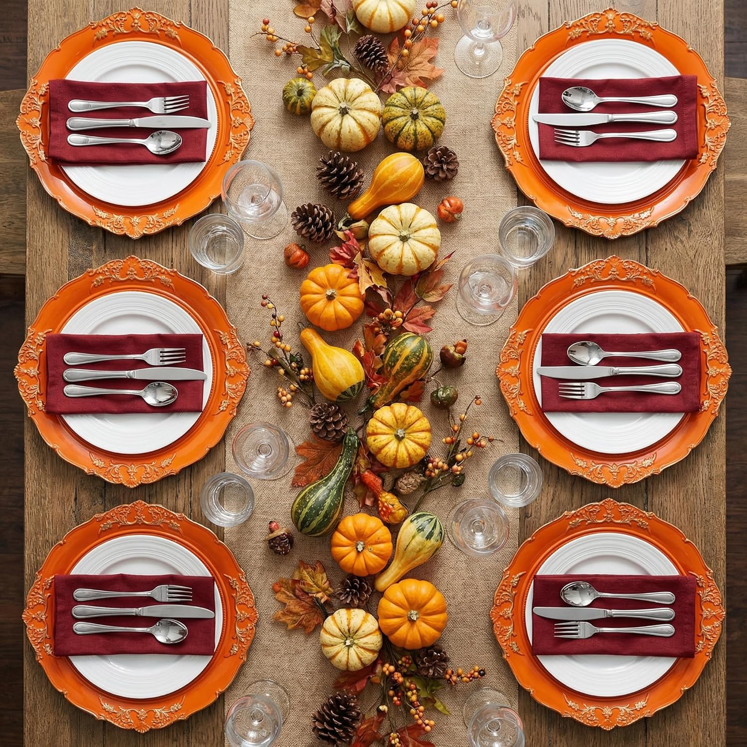 Orange Charger Plates, 13 Inch Embossed Chargers for Dinner Plates. Plastic Charger for Wedding, Party. (Set of 6)