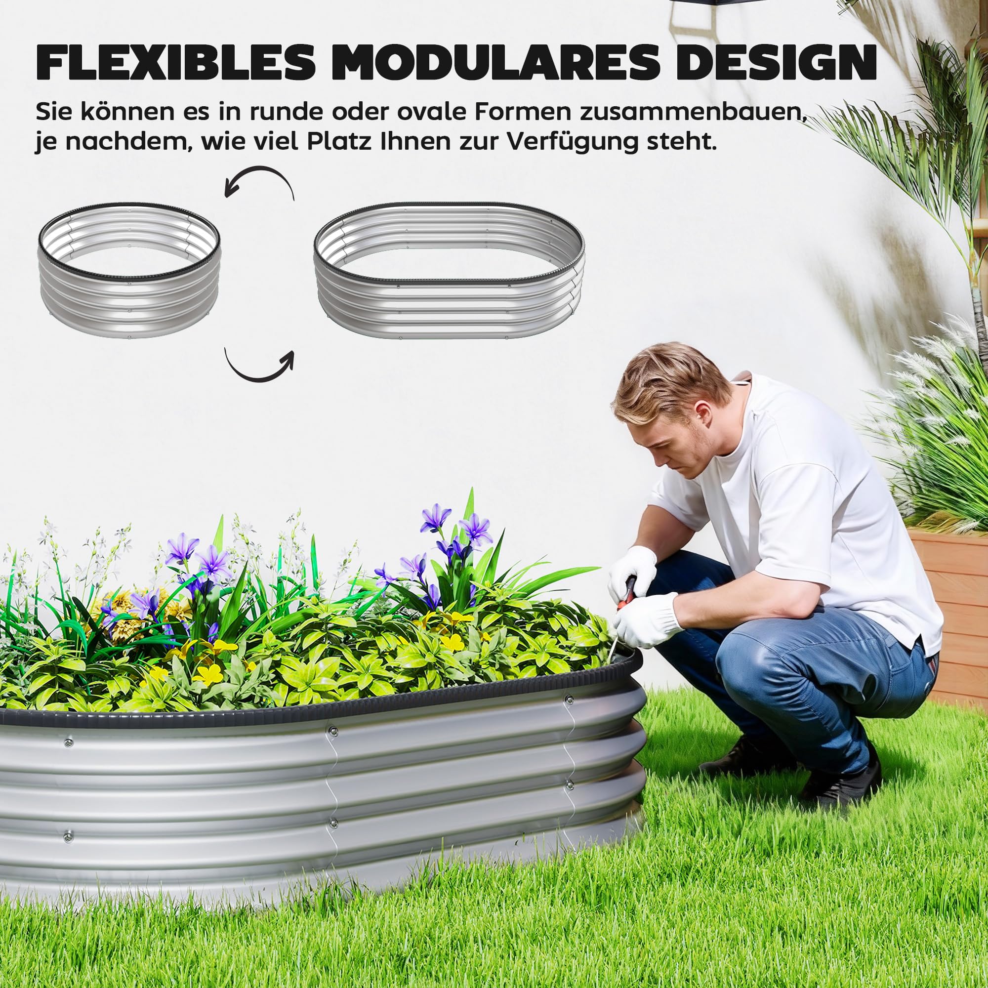 Outsunny Jardinière surélevée en métal, lot de 2, 135 x 90 x 30 cm, ovales, fond ouvert, bandes en caoutchouc, bordure de sécurité, gants, kit modulaire, jardinière surélevée pour légumes, fruits,