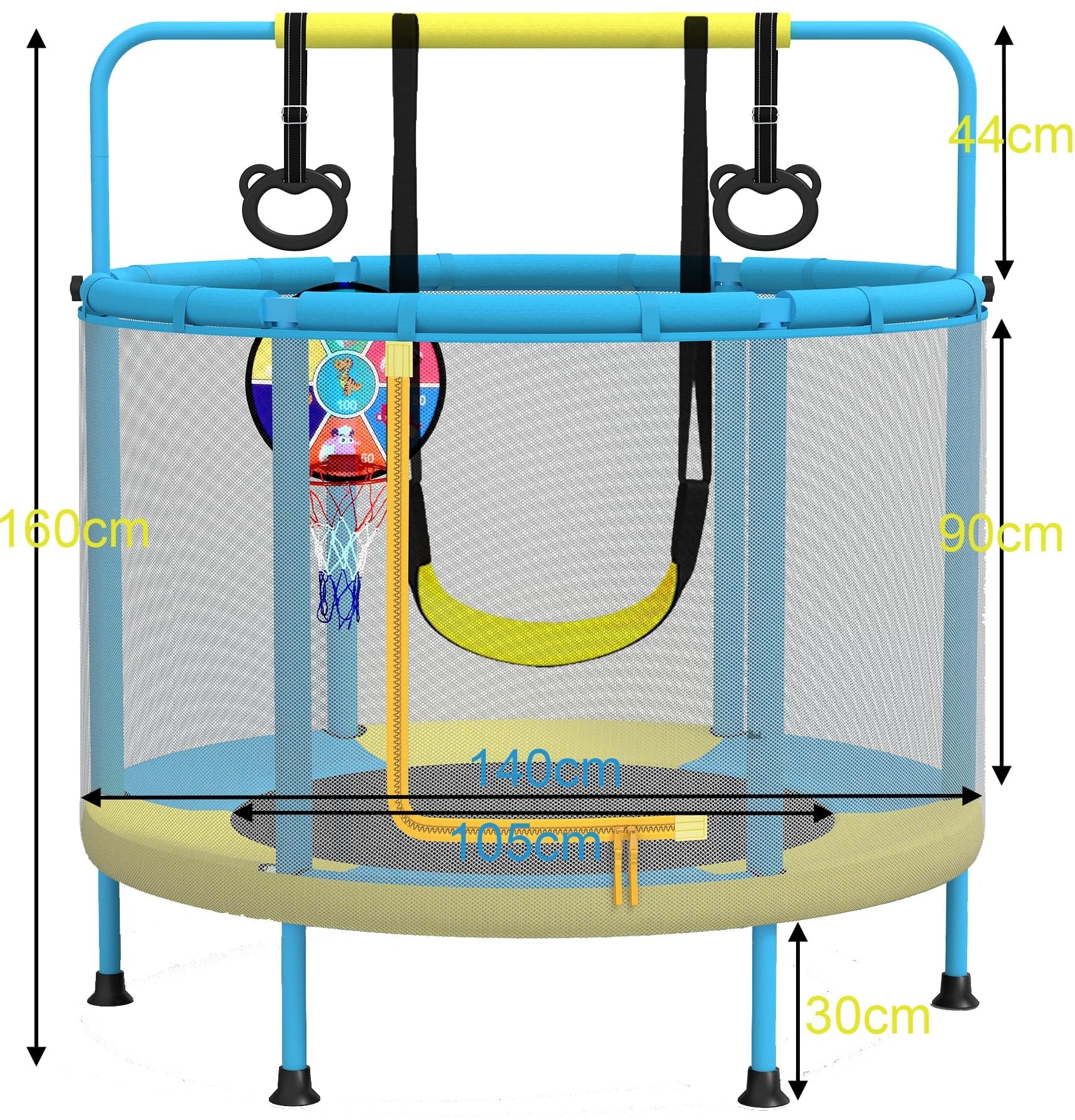 PILIN TrampolíN para NiñOs, φ140 CM Multifuncional 4 en 1, con Columpios, Barras, Aros, Canastas de Baloncesto/Dianas, Capacidad de 50 Kg, Uso Interior Y Exterior del TrampolíN de JardíN.
