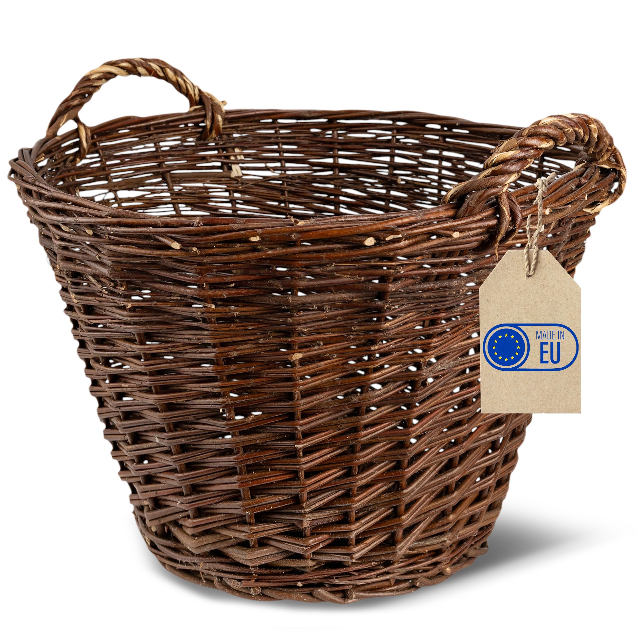 Creative Home Cesta de Mimbre con Asas | Grande 47x33x39cm (+/- 1cm) | Tejida a Mano Duradera | Cesta de Leña Patatas Frutas Setas Juguetes Ropa Sucia Jardín | Sauce Grueso Marrón Natural | Multiuso