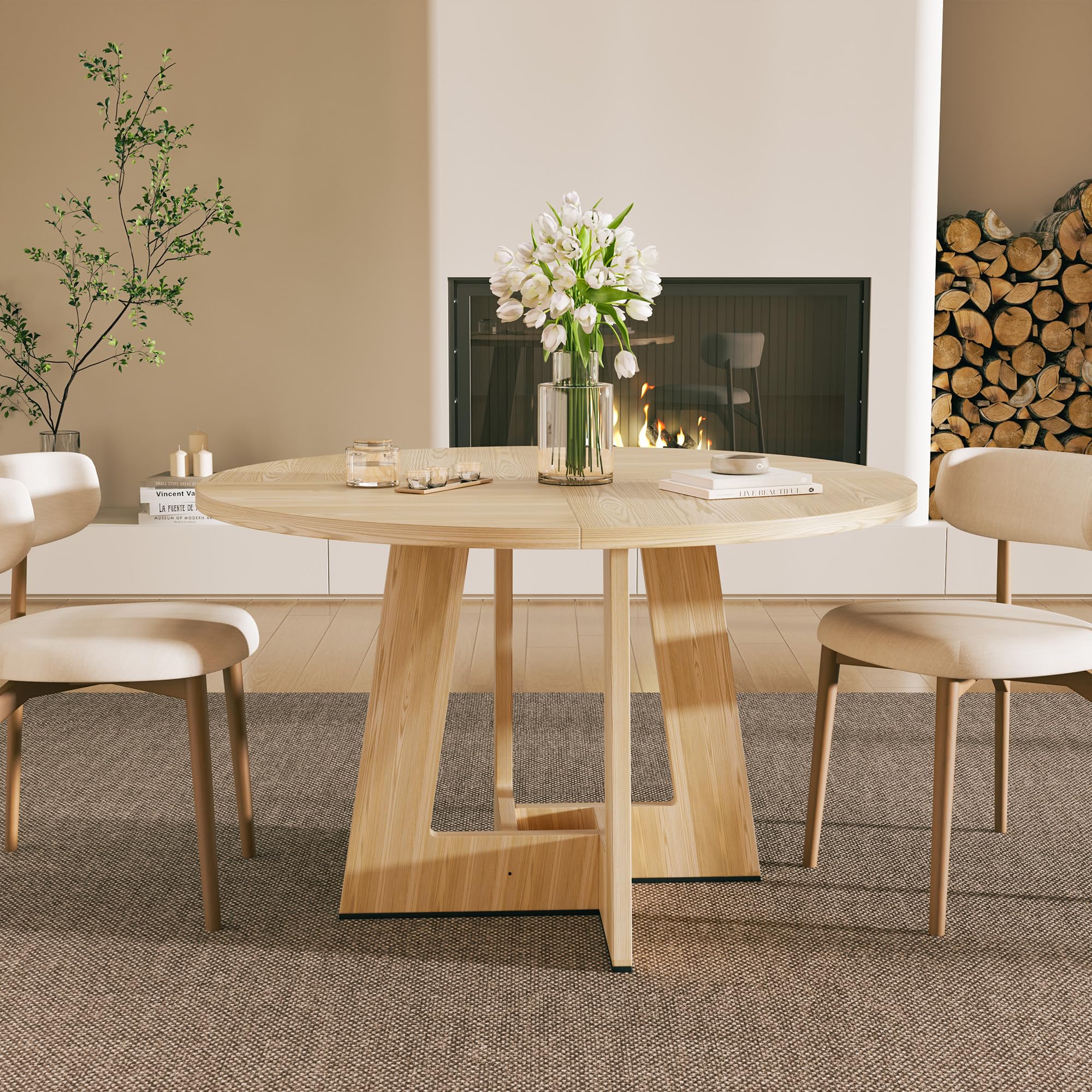 YOUDENOVA Tavolo da pranzo rotondo 120 cm, tavolo da pranzo in legno per 4-6 persone, estetica rustica da cucina con piedini a giuntura geometrica moderna, naturale (SENZA SEDIE)