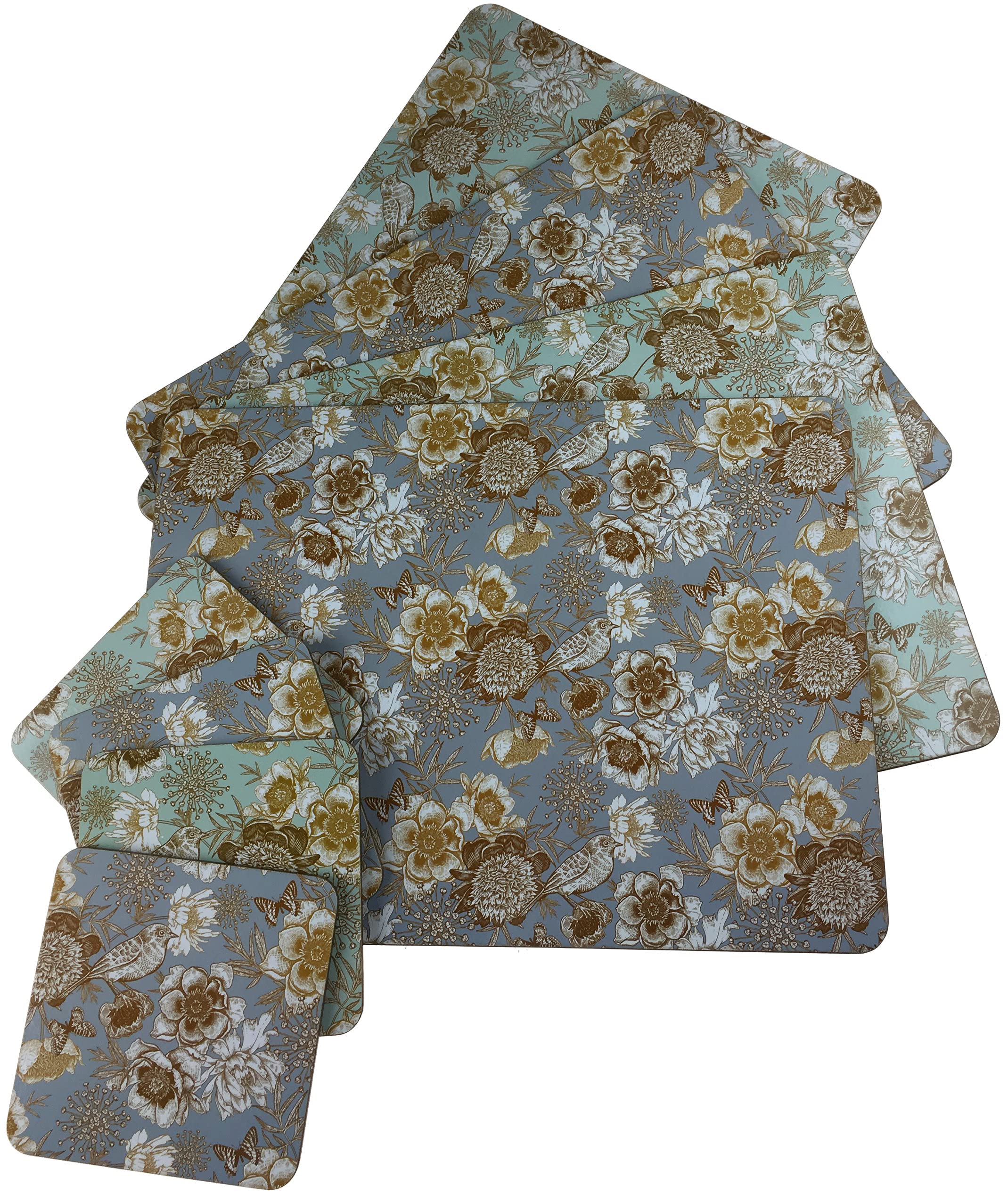 LP Set Of 4 Songbird Duck Egg Blue Gold Floral Dinner Place Mats And Coasters