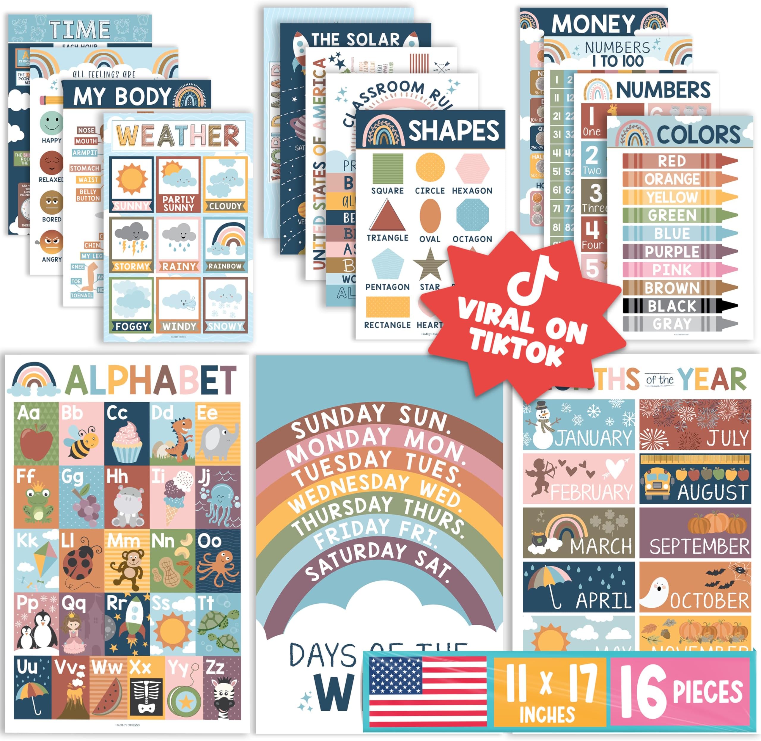 Hadley Designs 16 Boho Kids Educational Posters - Teacher Classroom Decor for Elementary, Pre K Learning for Toddlers 1-3