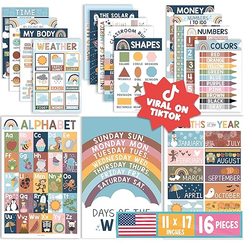 Hadley Designs 16 Educational Posters for Toddlers 1-3, Laminated Toddler Learning Posters for Preschool & Kindergarten, ABC Chart, Numbers, Colors, Shapes, Days of The Week, Boho Classroom Decor