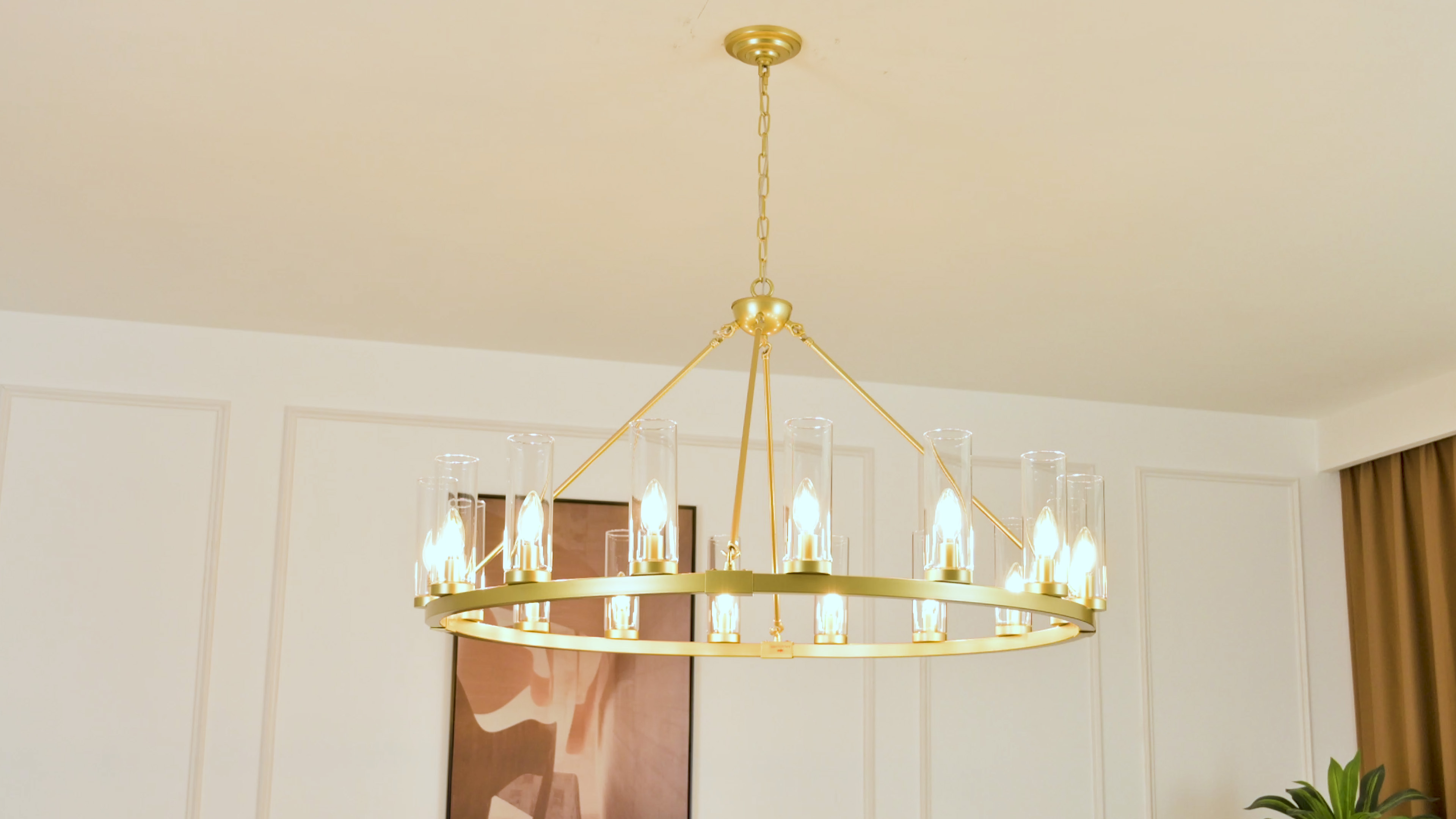 Image of 16 Light Large Wagon Wheel Chandelier with Clear Glass Shade Gold Round Pendant Light Farmhouse Industrial Chandeliers Dining Room Light Fixture for Stair Living Room Foyer Kitchen