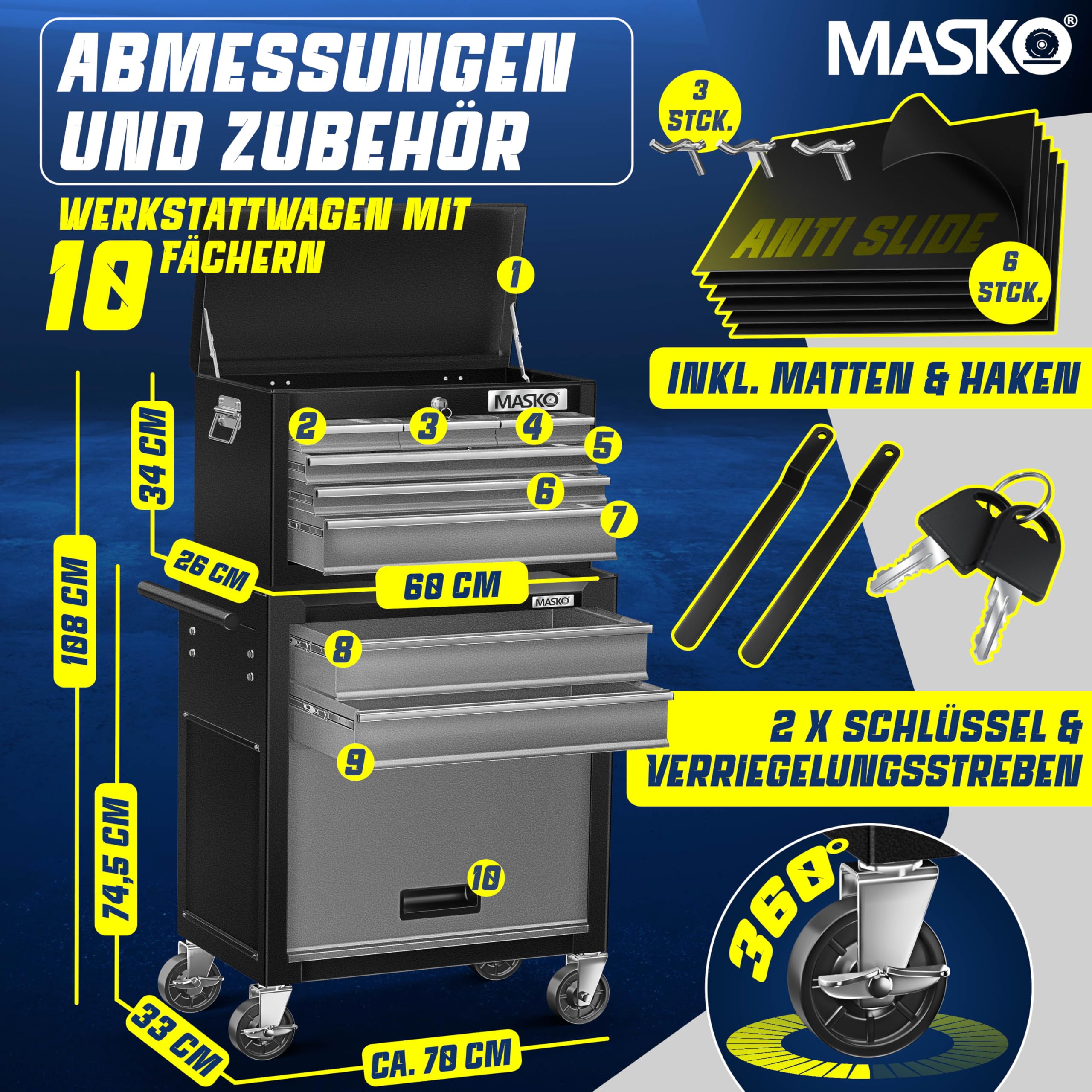 MASKO® Werkstattwagen inkl. Koffer - 9 Fächer Abschließbar | Massives Metall | Mobiler Werkzeug-Wagen ohne Werkzeug | Profi| Rollwagen zur Werkzeugaufbewahrung mit Schloss | Schwarz/Grau