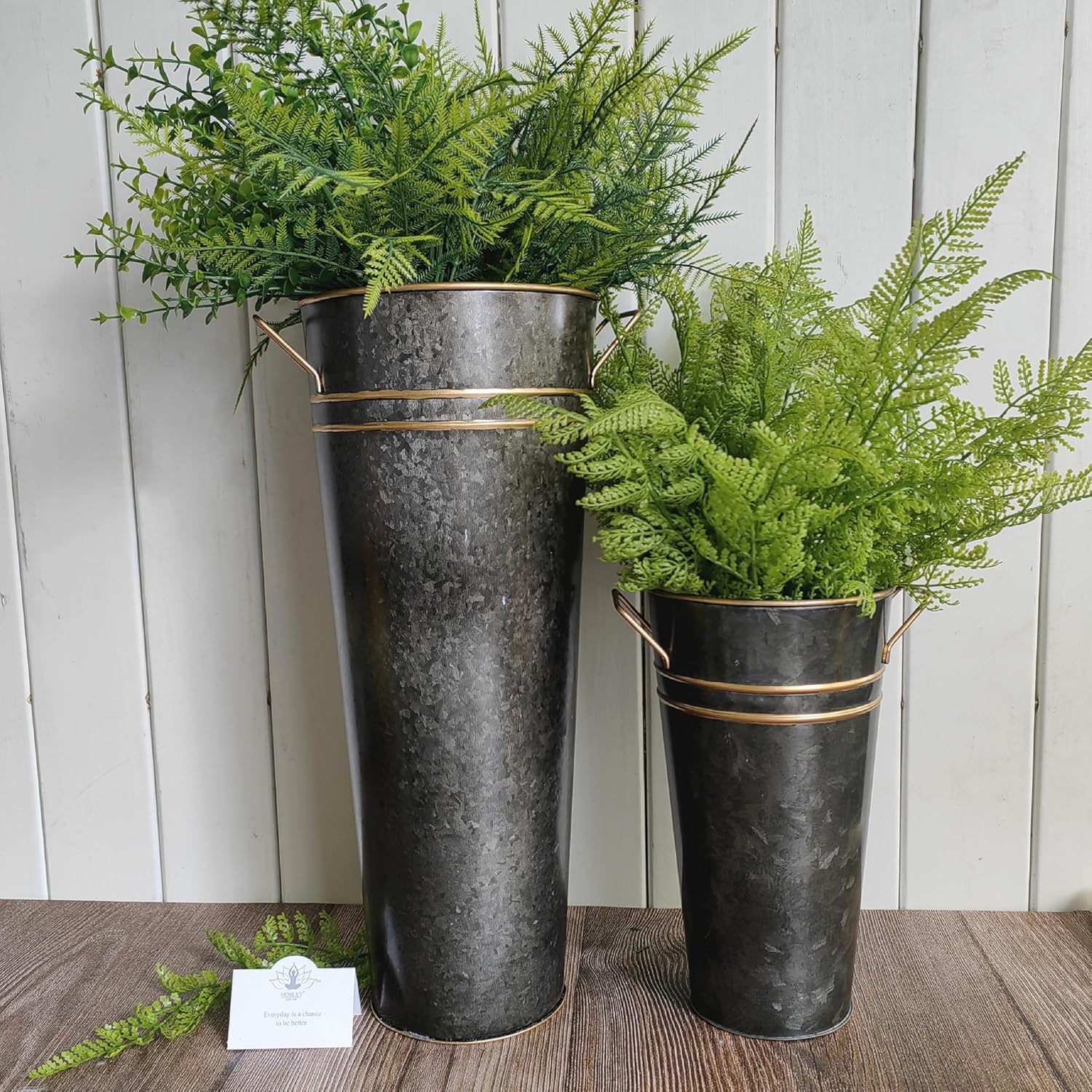 Hosley Set of 2 Zinc Finish French Bucket Vases with Handles 6"Dx15"H Perfect for Weddings, Parties, Country Picnics, Floral Arrangements, Tableware Storage, or Candle Gardens - Rustic Farmhouse Décor