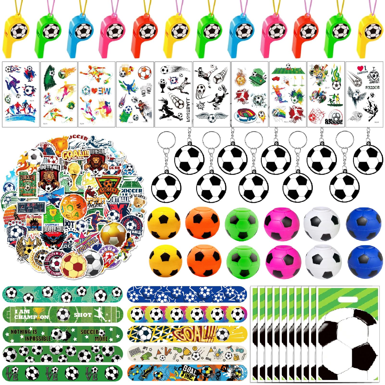 Seamart 114 Stück Fußball Party Mitgebsel Kinder mit Schlüsselanhänger, Armband, Fußball Drehen, Trillerpfeife, Tattoos, Partei Geschenk Taschen, Mitgebsel Kindergeburtstag Fussball