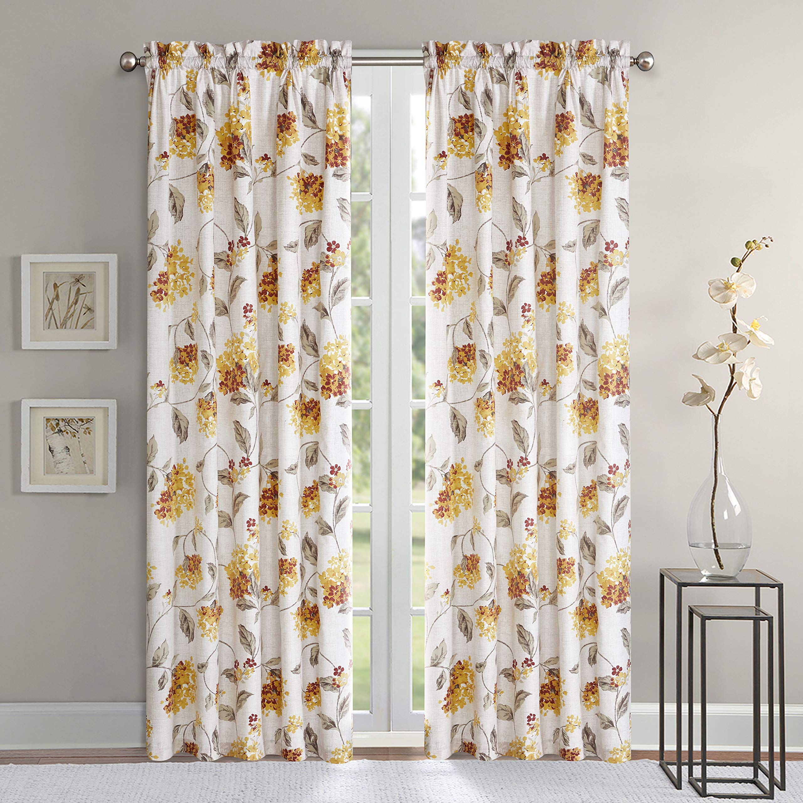 Sunclipse Modern Floral Warwick Window Curtain Panel, 50x95, Yellow