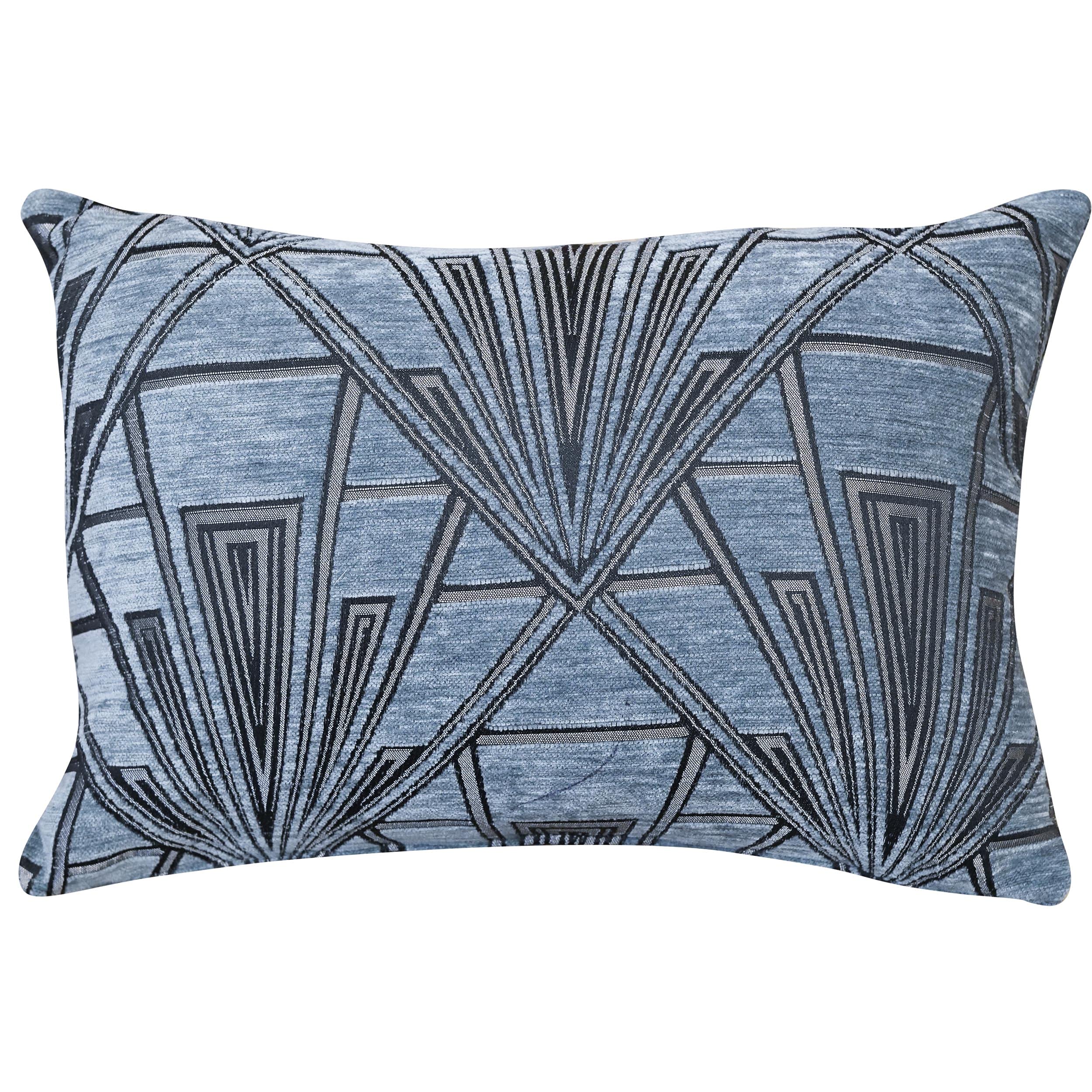 Linen Loft Art Deco Geometric Boudoir Cushion Cover. Steel Blue and Silver Vintage Design. Luxury Velvet Chenille. 17x12 Rectangle. Cover Only.