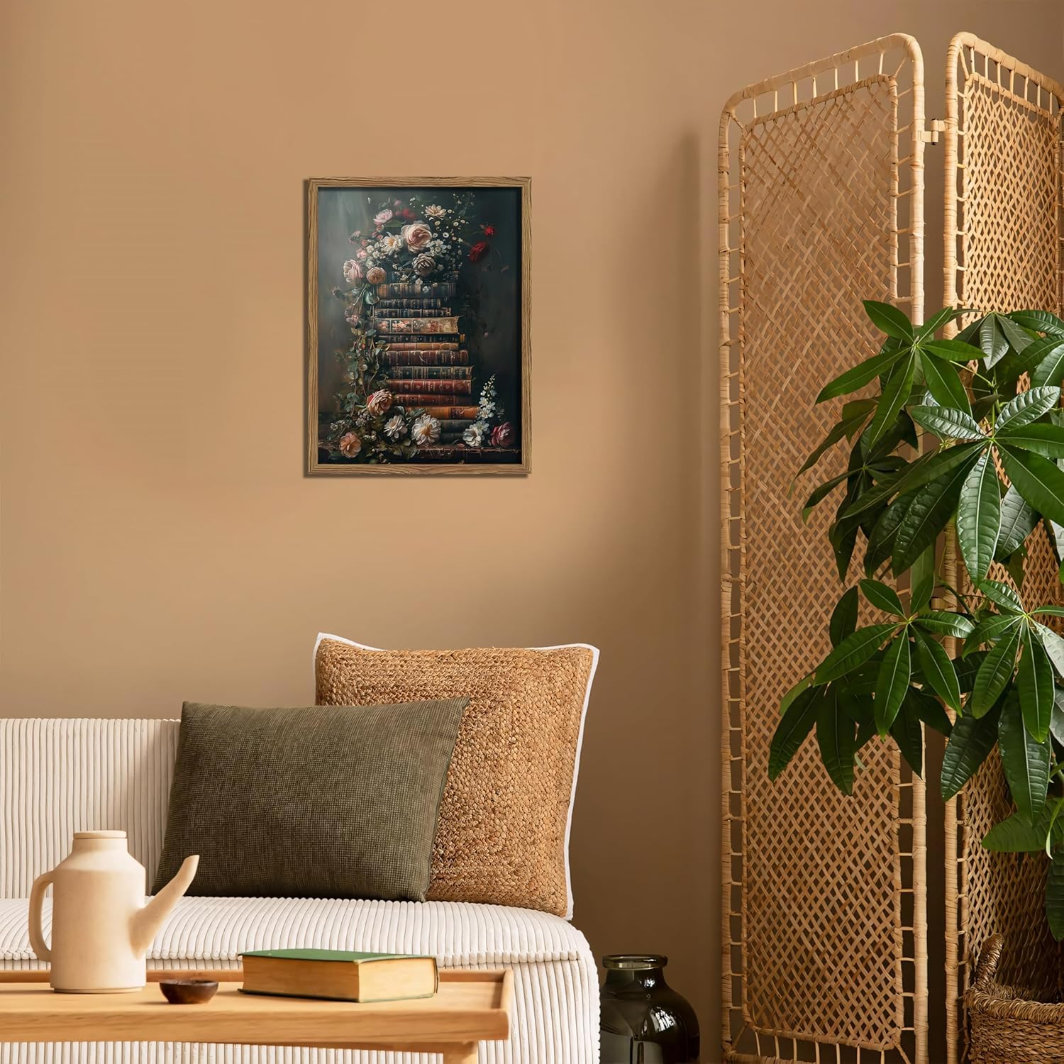 Framed Vintage Floral Wall Art – Moody Dark Flowers & Antique Books Oil Painting, Dark Academia Floral Canvas Wall Decor, Solid Wood Frame Picture for Living Room Office 16x12in