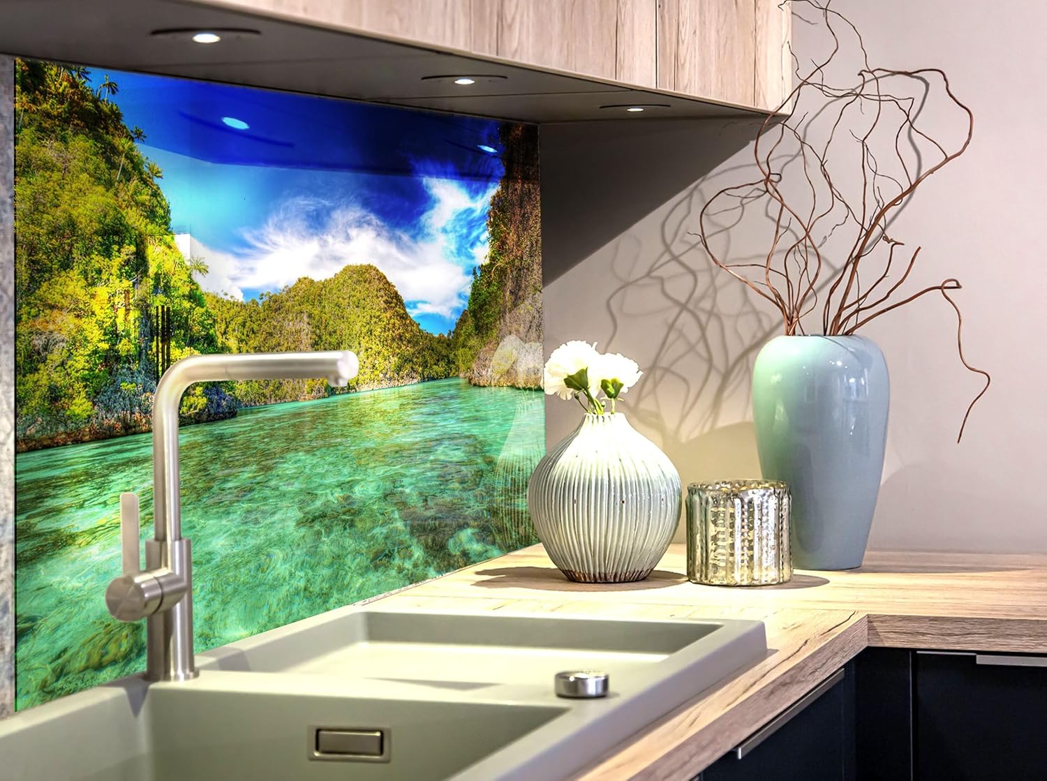 Myphotostation.com 16x16''Tempered Glass Tropical Backsplash Design Cooker Wall Backsplash Panel Glass Splashback for Kitchen Panel Design Ocean Splashback