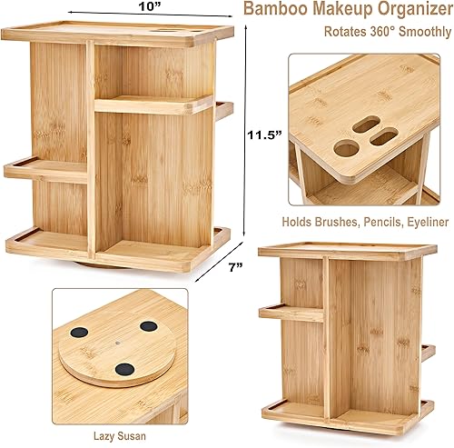 Miniatura 3 de Sorbus Organizador de cosméticos de bambú de 360, carrusel de almacenamiento multifunción para maquillaje, artículos de tocador y más, ideal para