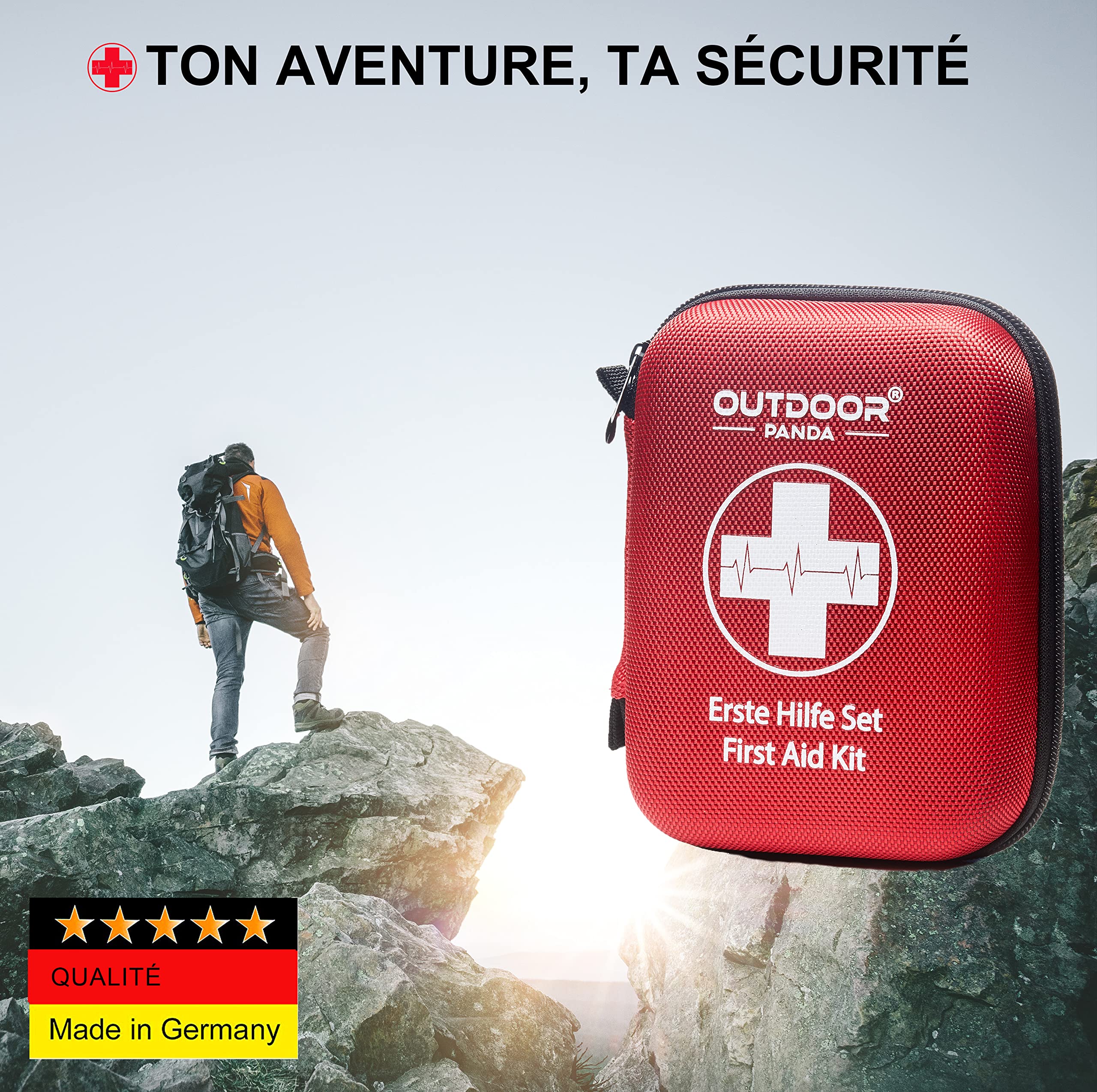 Kit de premiers secours d'urgence avec contenu en provenance d'Allemagne selon la norme DIN 13167 + aide respiratoire d'urgence + gel Burnshield pour brûlures