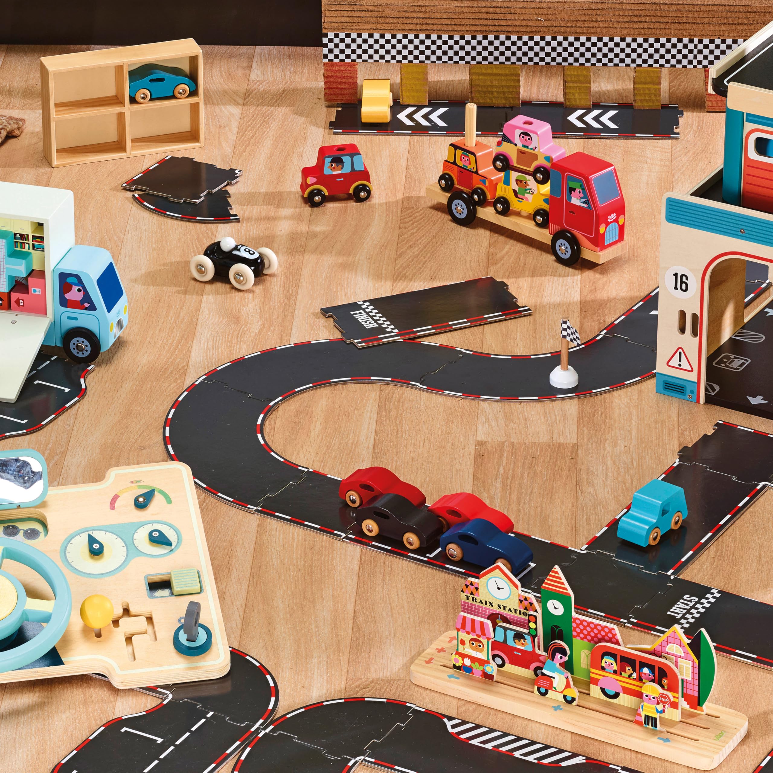 VILAC Set mit 4 Autos Super Cars – Auto und Garage aus Holz – 4 Super Cars + 1 Aufbewahrungsbox aus Holz – Lernspiele für Kinder ab 3 Jahren – 2369