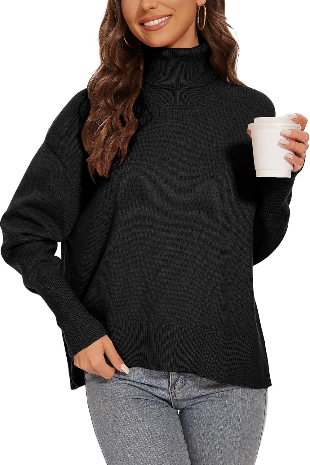 Women's Turtleneck Sweater Long Sleeve Casual Ribbed Pullover 2024 Fall Winter Loose Knit Jumper Top