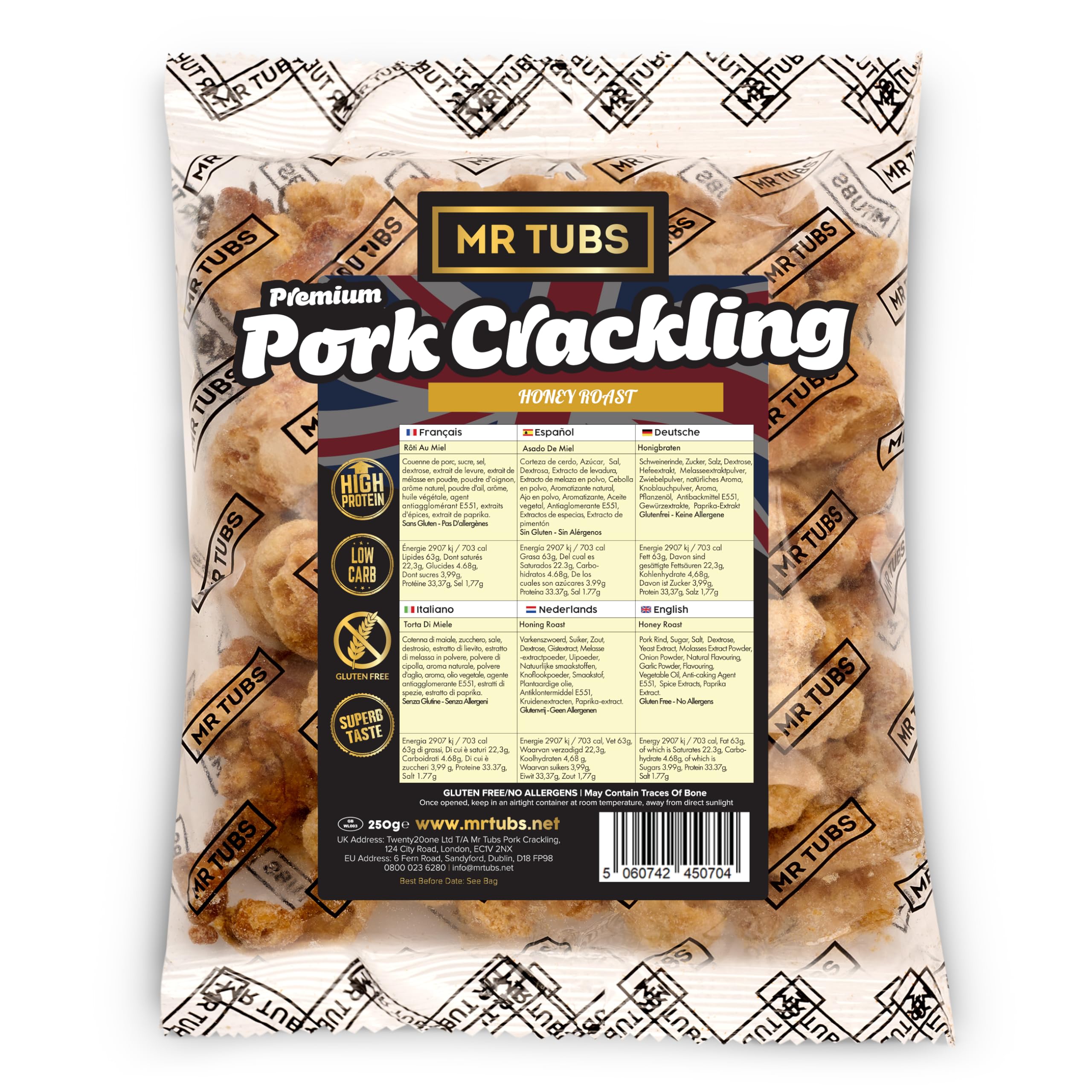 Mr Tubs Bulk Bag Pork Crackling (250g) - Premium Crackling, not Scratchings - Select your Flavour - Gluten Free, High Protein, Low Carb, Keto Friendly Pork Rind Meat Gift Snack (Honey Roast)