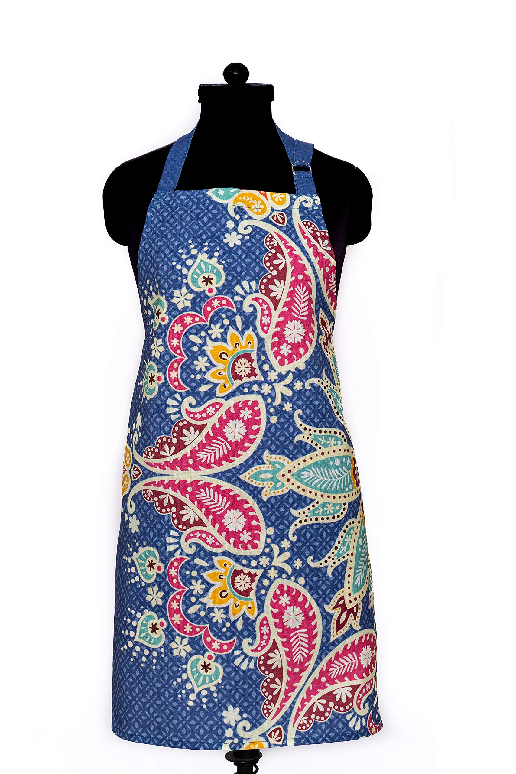 IXORA DECOR Cotton Blue colour Digital Print Aprons, Adjustable Buckle on Top and 2 Long Ties on both Sides with center pocket (65x80cm) - Pack of 1