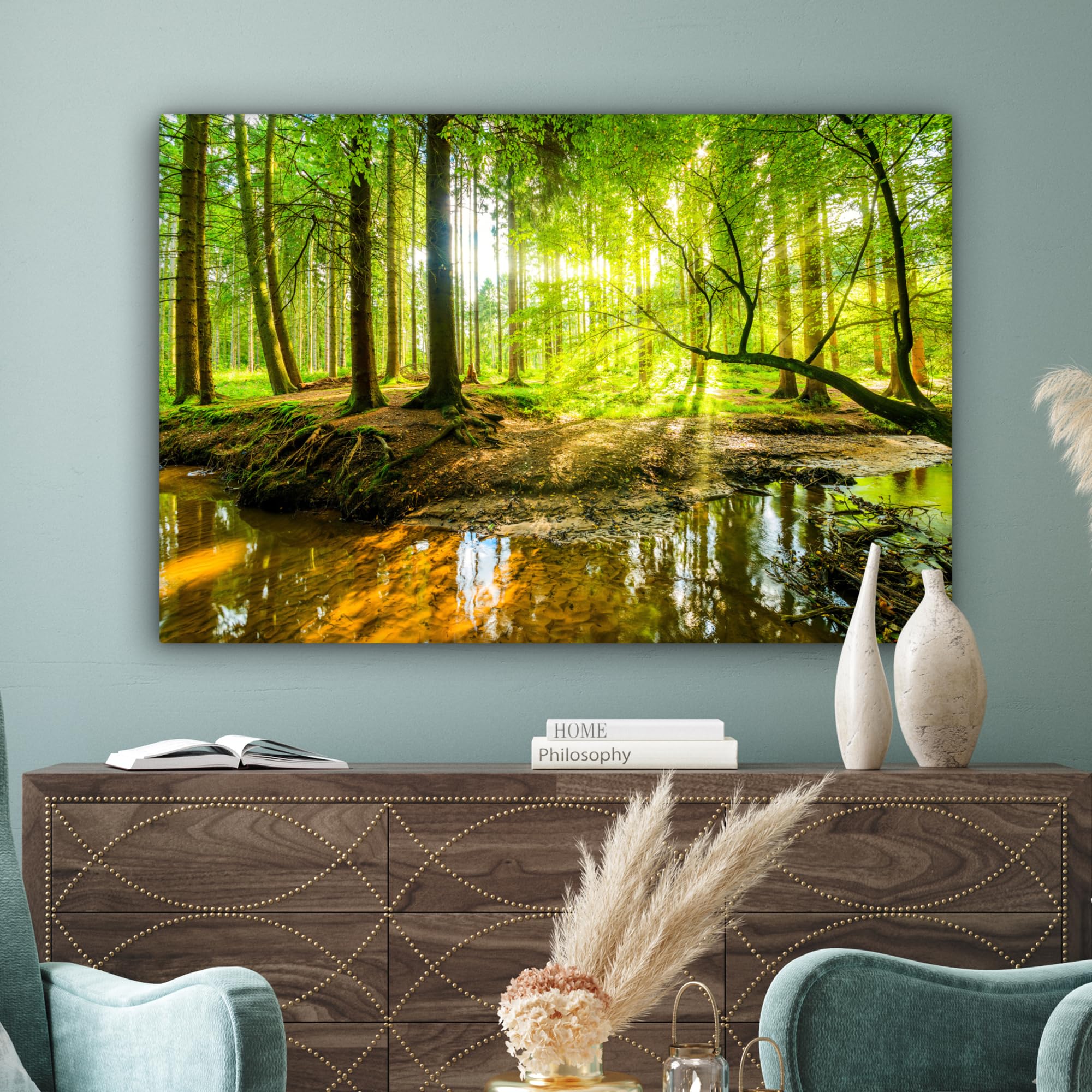 MuchoWow© Impression sur Toile Decoration Murale Peinture 120x80 cm Tableaux Decoratifs Muraux Décoration Chambre Forêt - Paysage - Eau - Arbre - Soleil - Vert - Nature