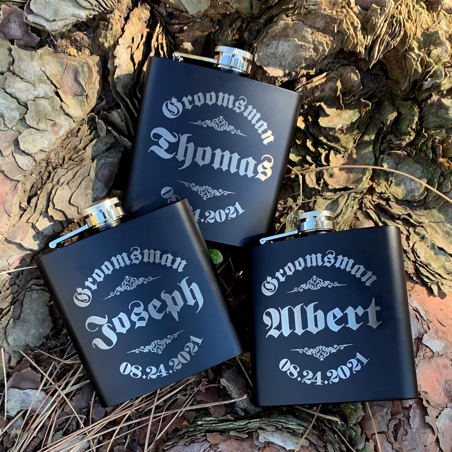 Personalizedgiftland Personalized Flask, Set Of 6 - Customized Flask Groomsmen Gifts For Wedding Favors, Personalized Groomsman gift – Stainless Steel Engraves Flasks w Gift Box Options – 6oz, Black