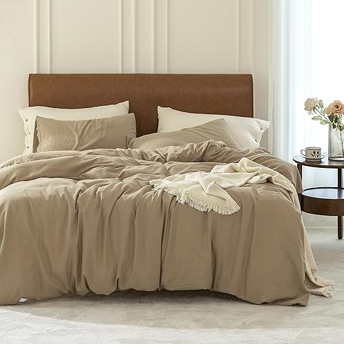 FOSSA Juego de funda de edredón 100% algodón lavado de 3 piezas, juego de ropa de cama de sarga suave, acogedor, transpirable, resistente,