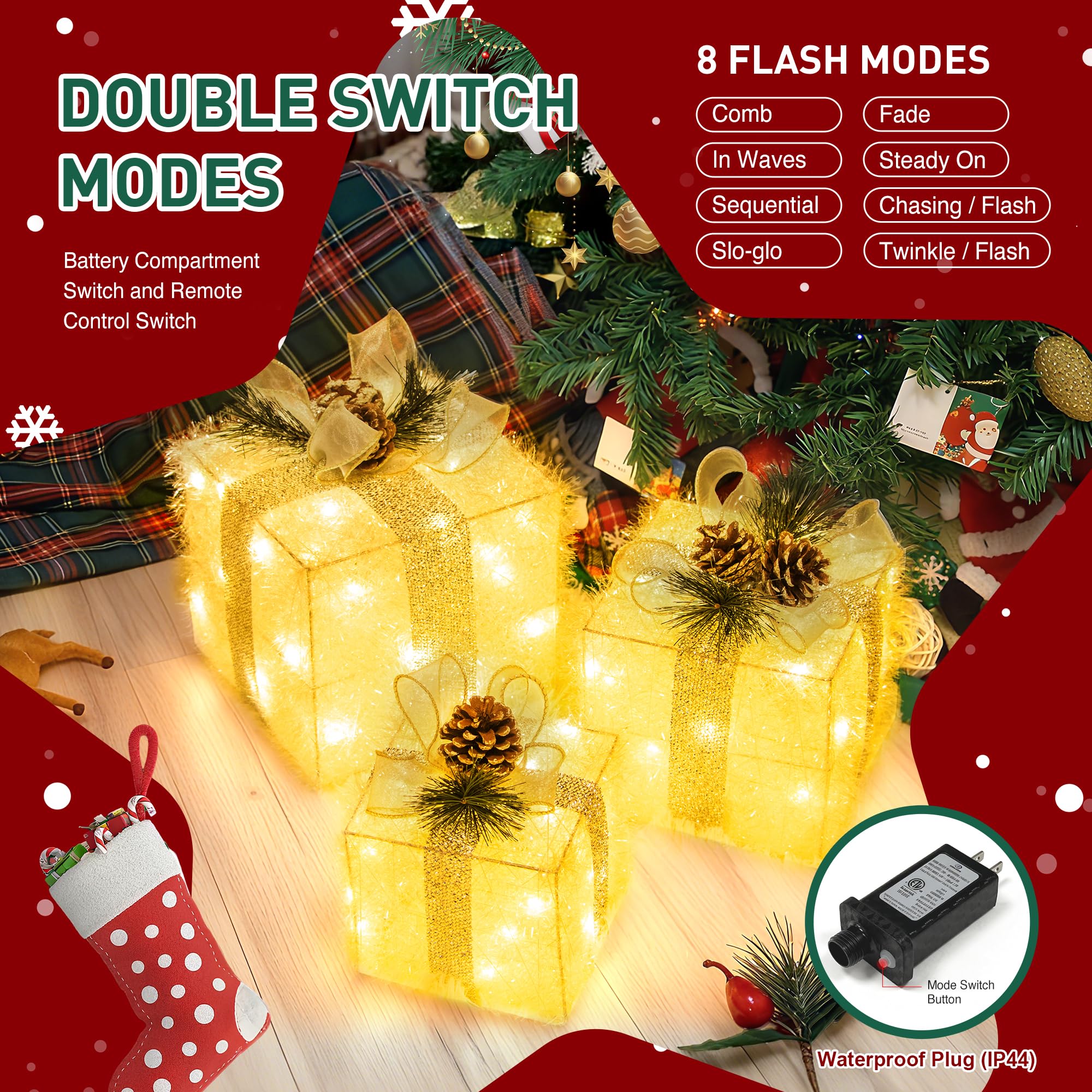 Hatisan 3 Pack 150 LED Lighted Gift Boxes Christmas Decorations, Light Up Present Boxes, PVC Boxes Ornament For Home Decorations Indoor Outdoor Yard Xmas Tree Party Lawn Porch (Blue - View #6