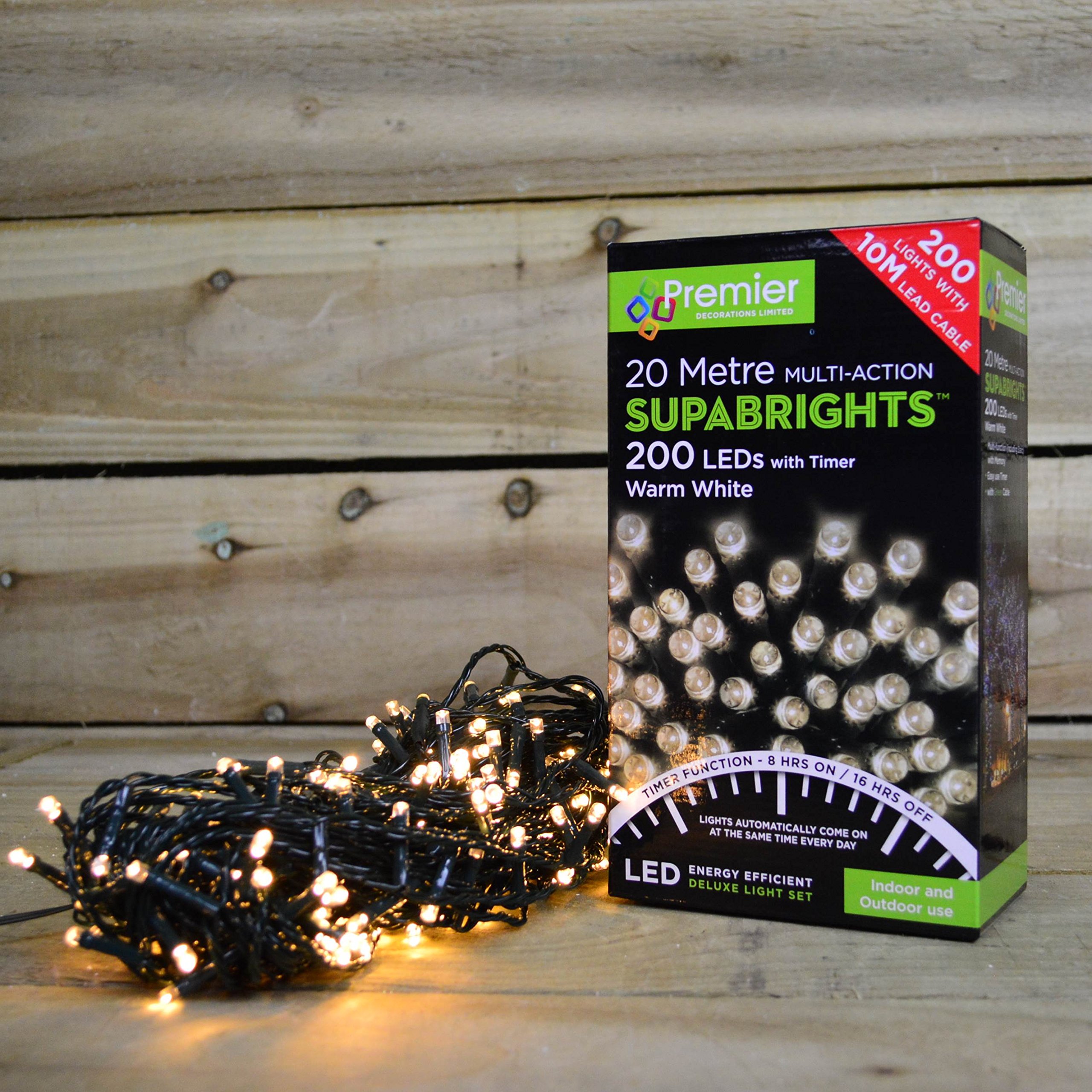 White 200 Led 16M Premier Supabrights Indoor Outdoor Christmas Multi Function Mains Operated String Lights With Timer In Warm