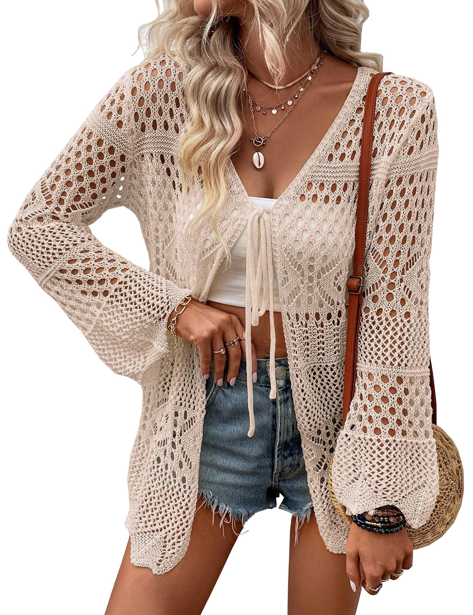 Women Crochet Cardigan Lightweight Tie Front Hollow Out