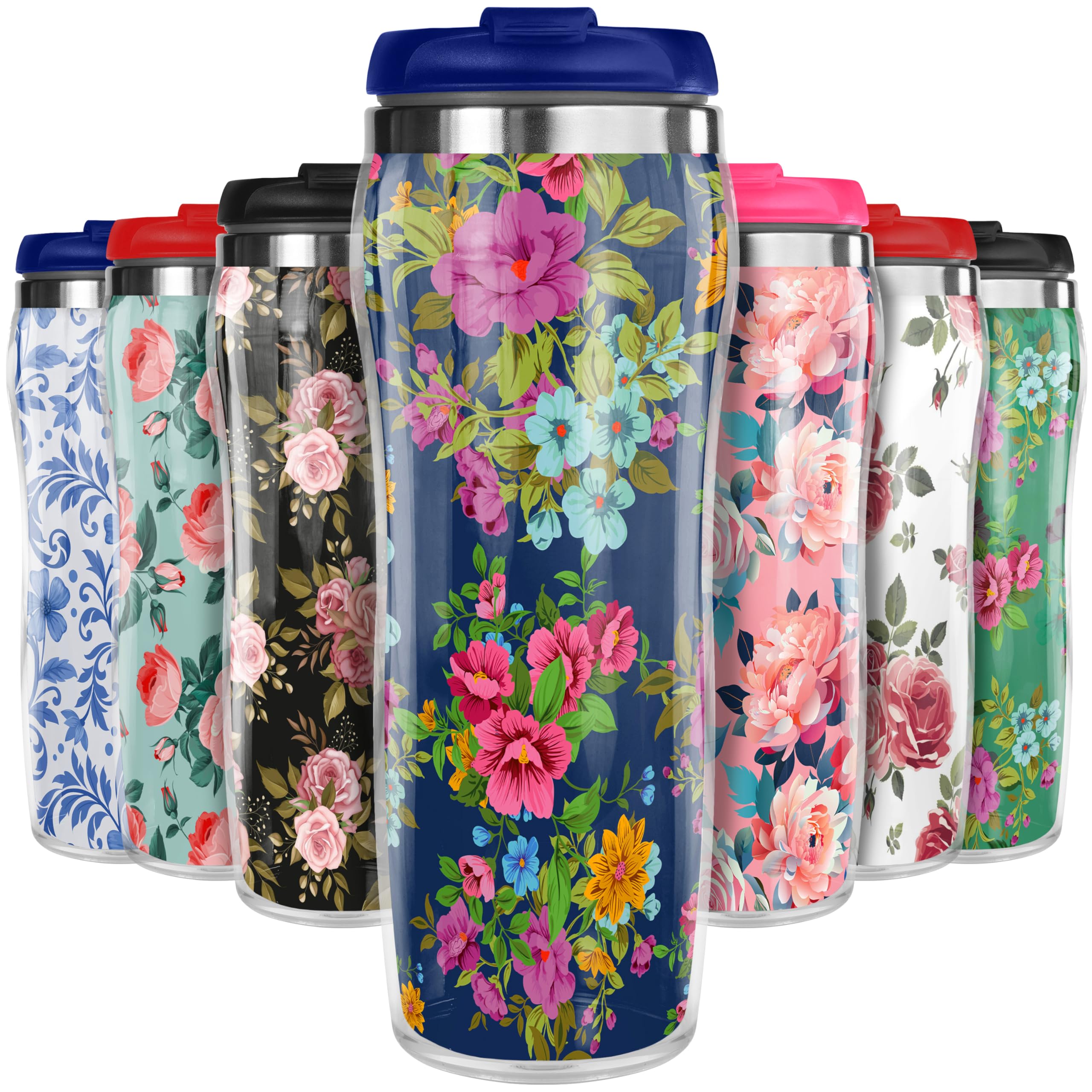 Pixly® Colourful Flowers Thermal Travel Mug Coffee Tea Flask, 400ml/14oz Capacity, Flower, Floral Pattern - Floral Fantasia