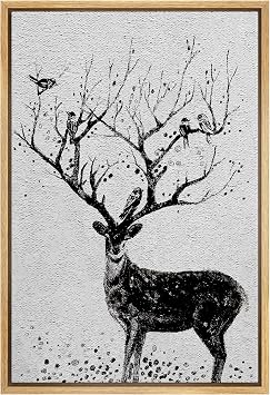 SIGNWIN Framed Canvas Print Wall Art Black & White Deer with Birds on Antlers Wildlife Animals Illustrations Modern Chic Scenic Dramatic Multicolor for Living Room, Bedroom, Office - 16"x24"
