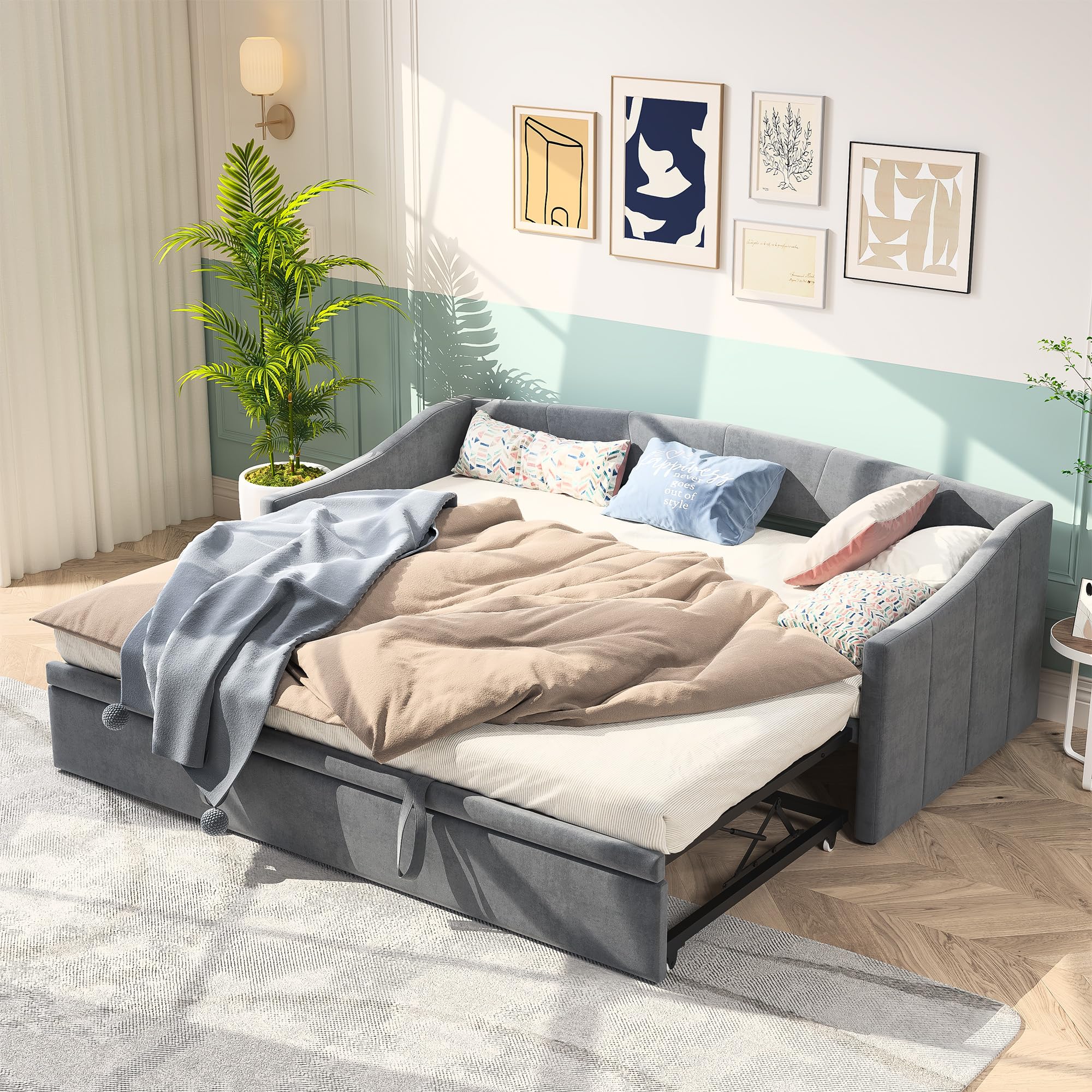 Divano Letto Estraibile 90x200 Cm - Stile Minimalista, Grigio, In Lino E MDF, Con Letto Aggiuntivo, Per Spazi Piccoli