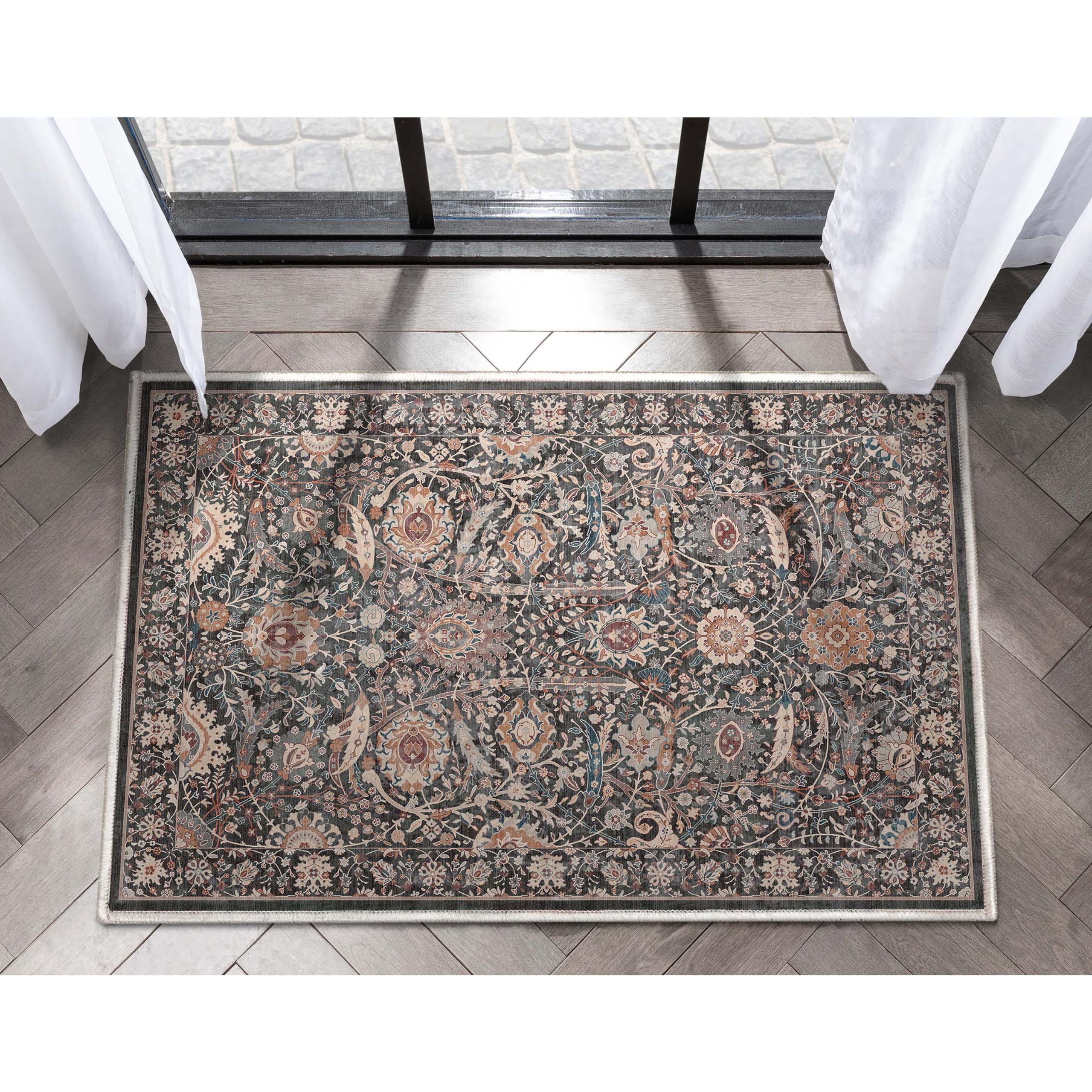 Well Woven Asha Collection Elegant Charcoal Grey Oriental 2x3 Accent Doormat Perfect for Entryway or Kitchen Ideal for High-Traffic Areas with Vintage-Inspired Low Pile