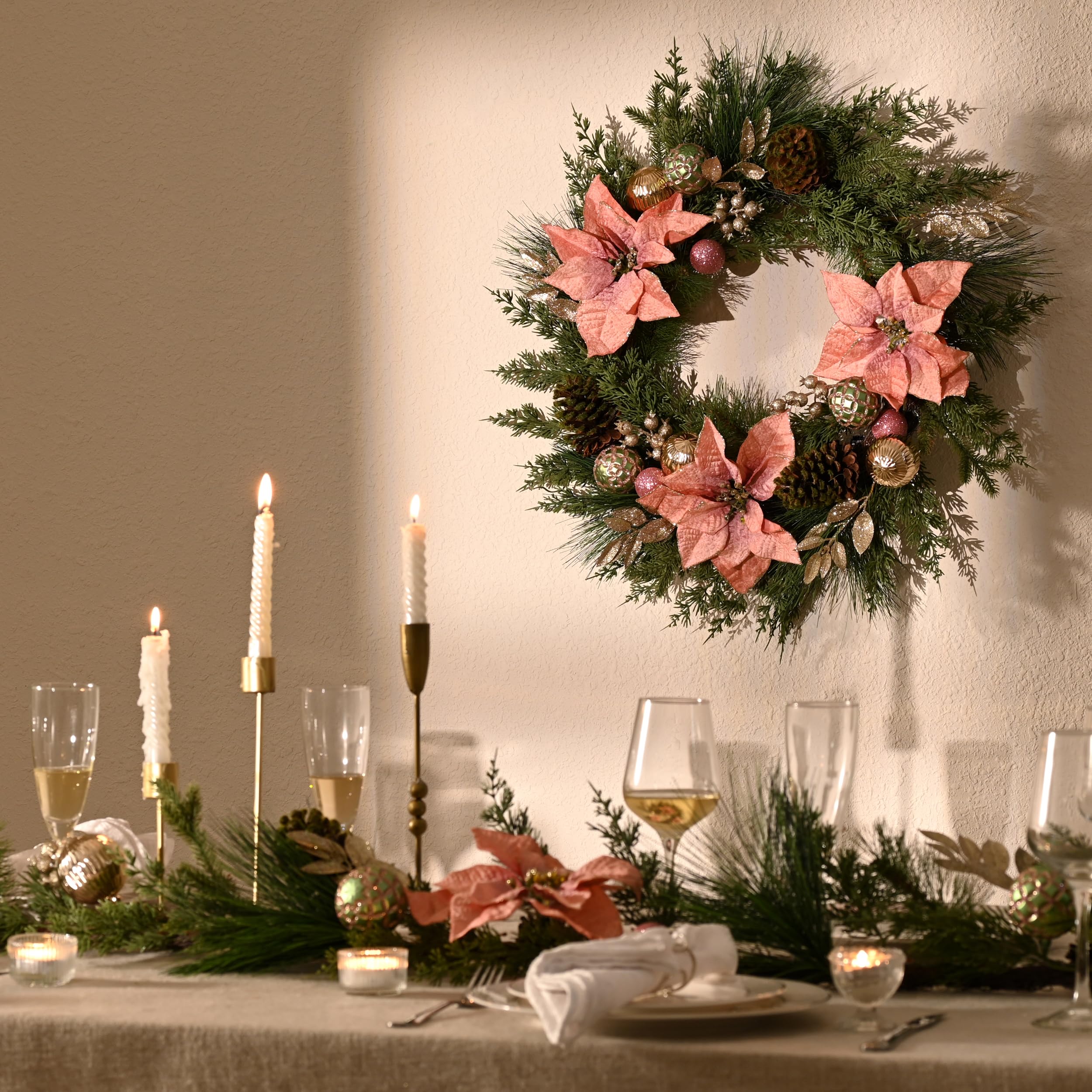 Decorbyhannah Couronne de Saint-Valentin pliable de 61 cm pour porte d'entrée avec lumières, décoration de Saint-Valentin artificielle avec fleurs roses pour fenêtre de table (rose doré)