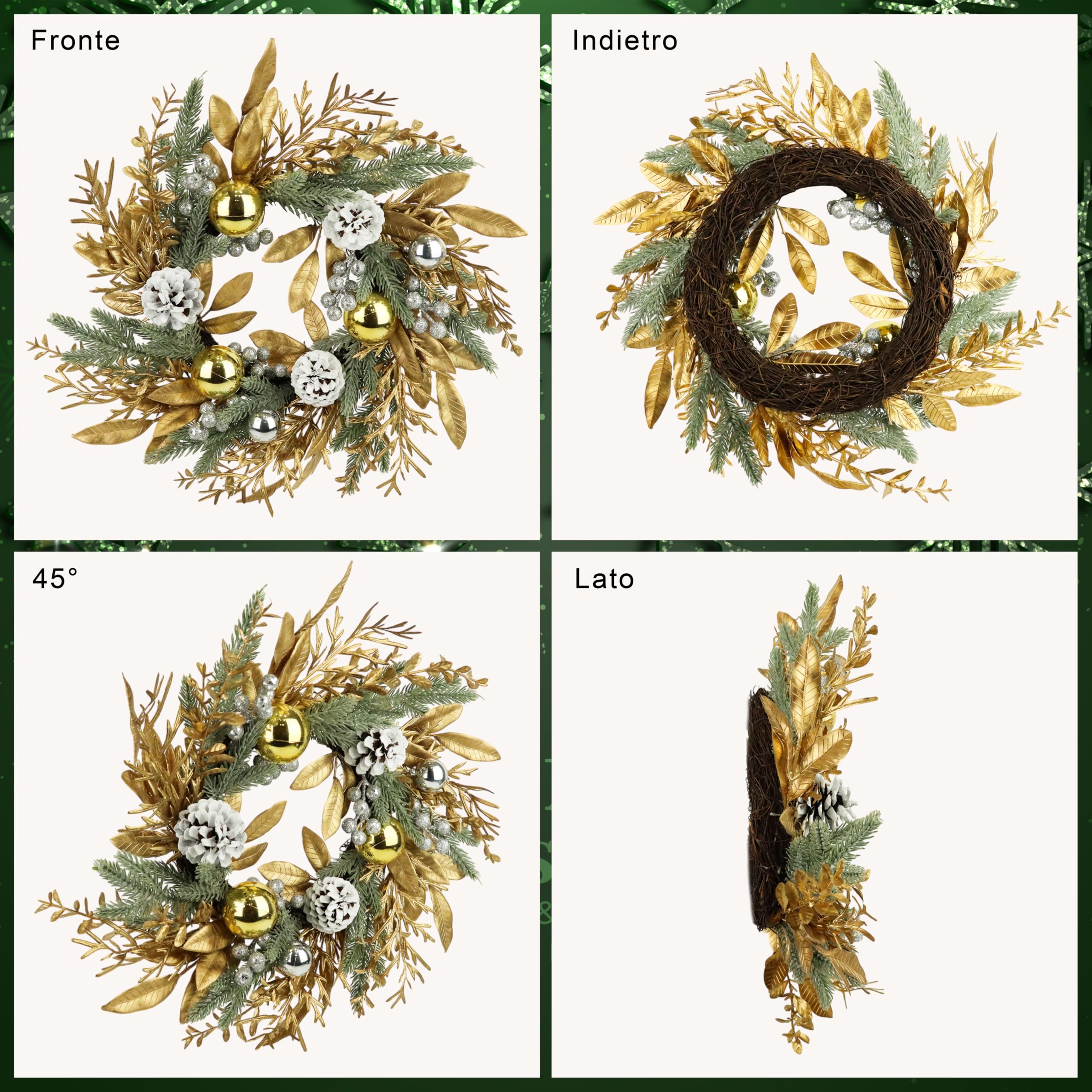 Zavothy Ghirlanda Natalizia per Porta Natalizia, 50 cm, Ghirlanda Artificiale con Pigne e Palline di Natale, Corona dell'Avvento, Decorazione Natalizia, Oro