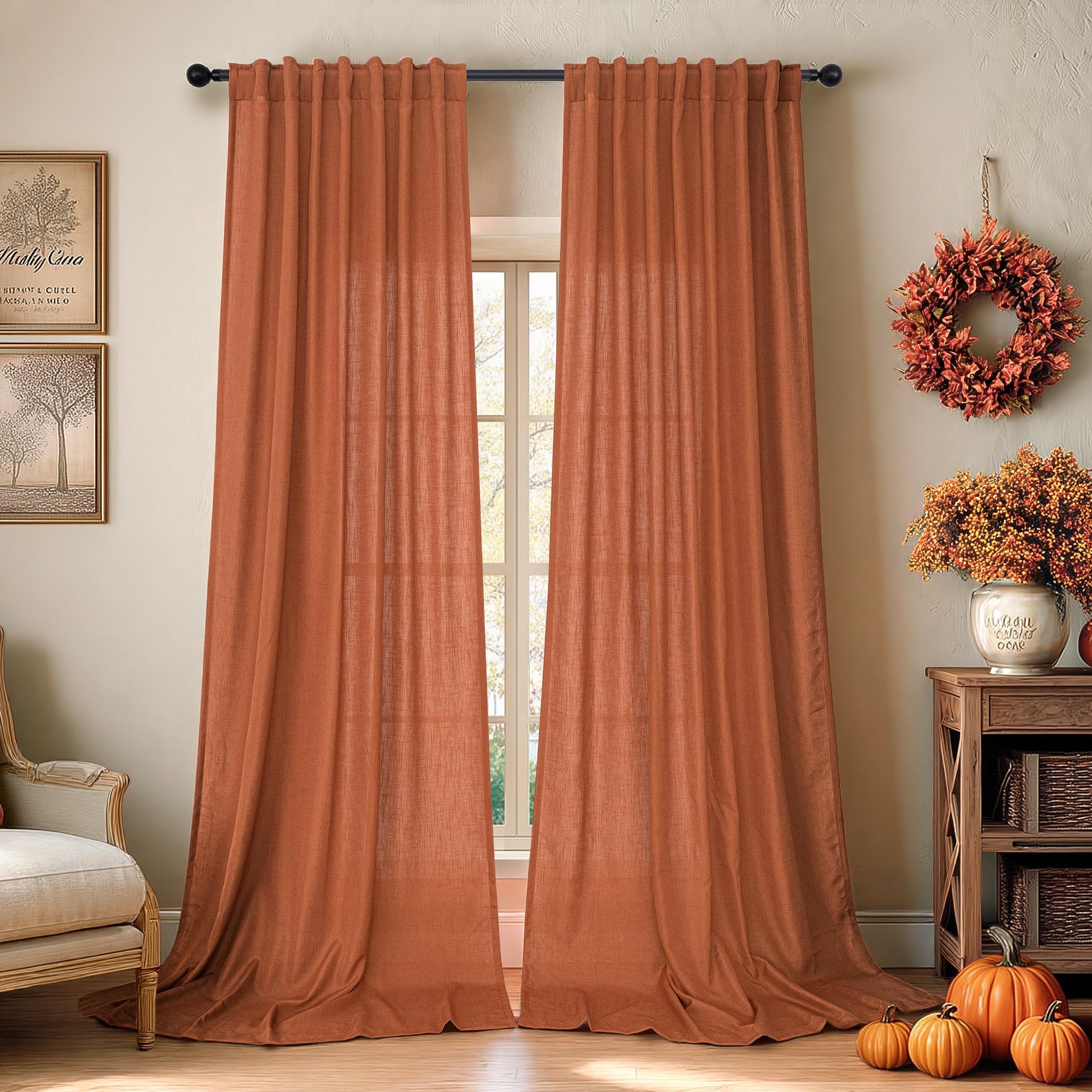 Burnt Orange Curtains for Living Room 2 Panels Set 84 Inches Long Back Tab Pocket Boho Window Drapes Ceiling to Floor Length Curtains for Bedroom Door