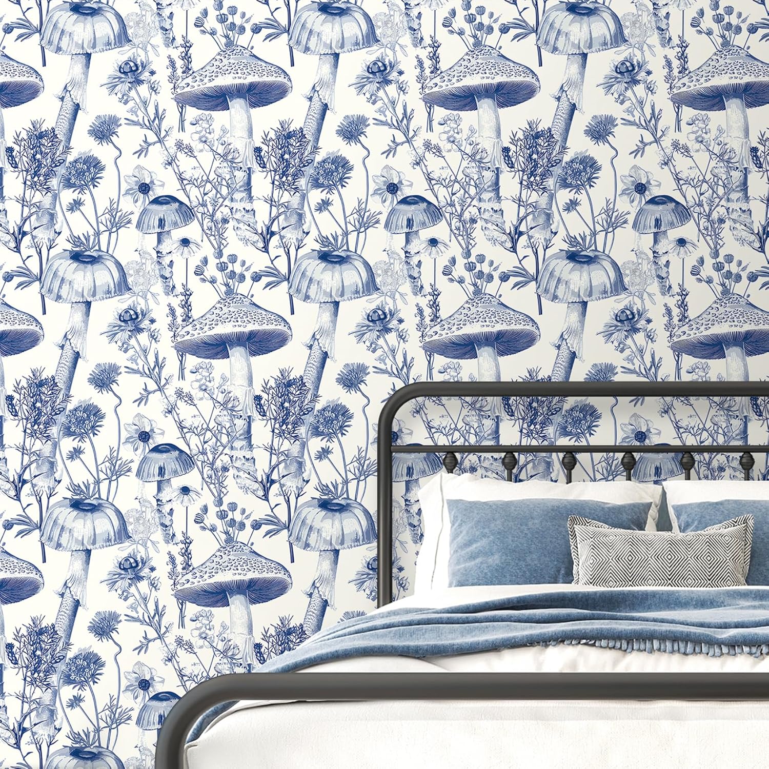 ReWallpaper 17.5in X 23ft Peel and Stick Wallpaper Vintage Mushroom Wallpaper for Kitchen Waterproof Bathroom Wall Paper Floral Contact Paper Blue Mushroom Wall Stickers for Bedroom Living Room Walls