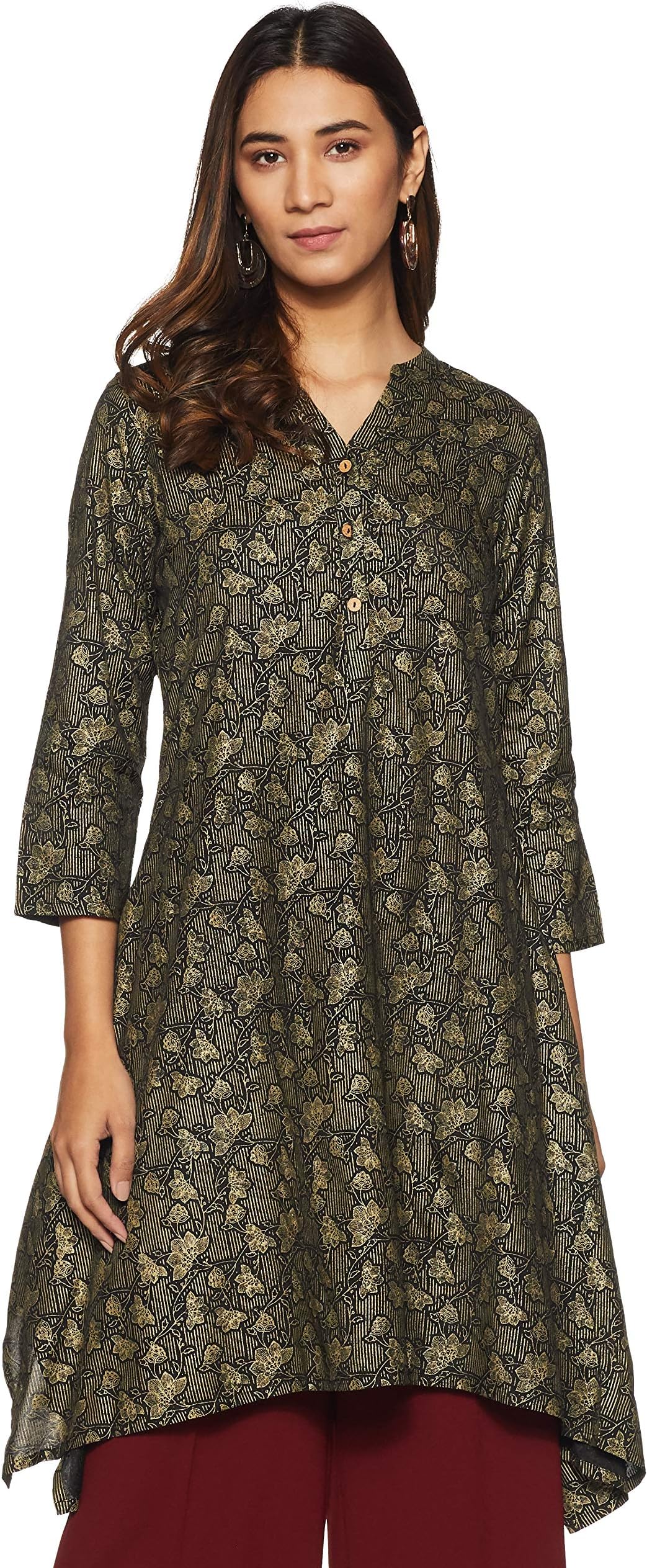 global desi Womens Mandarin Collar Printed Asymmetrical Tunic