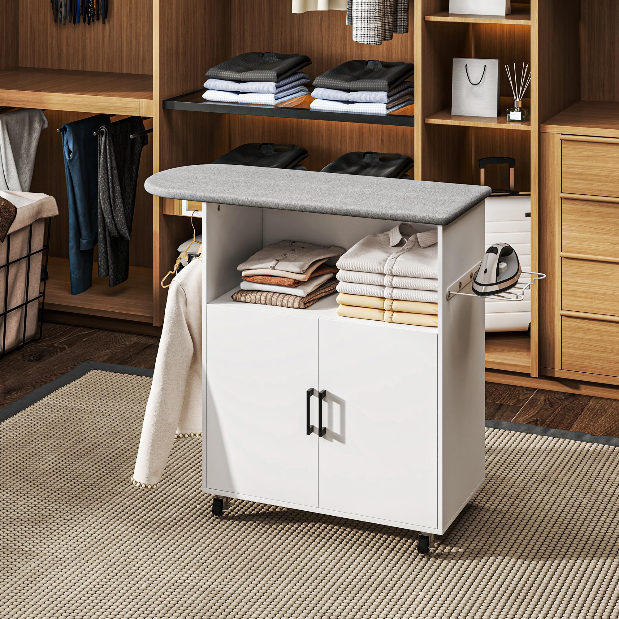 HOMCOM Bügelschrank auf Rädern Bügelbrett mit Hängebügel Offene Ablage und Bügelbrett 125x43,5x102,5 cm Weiß