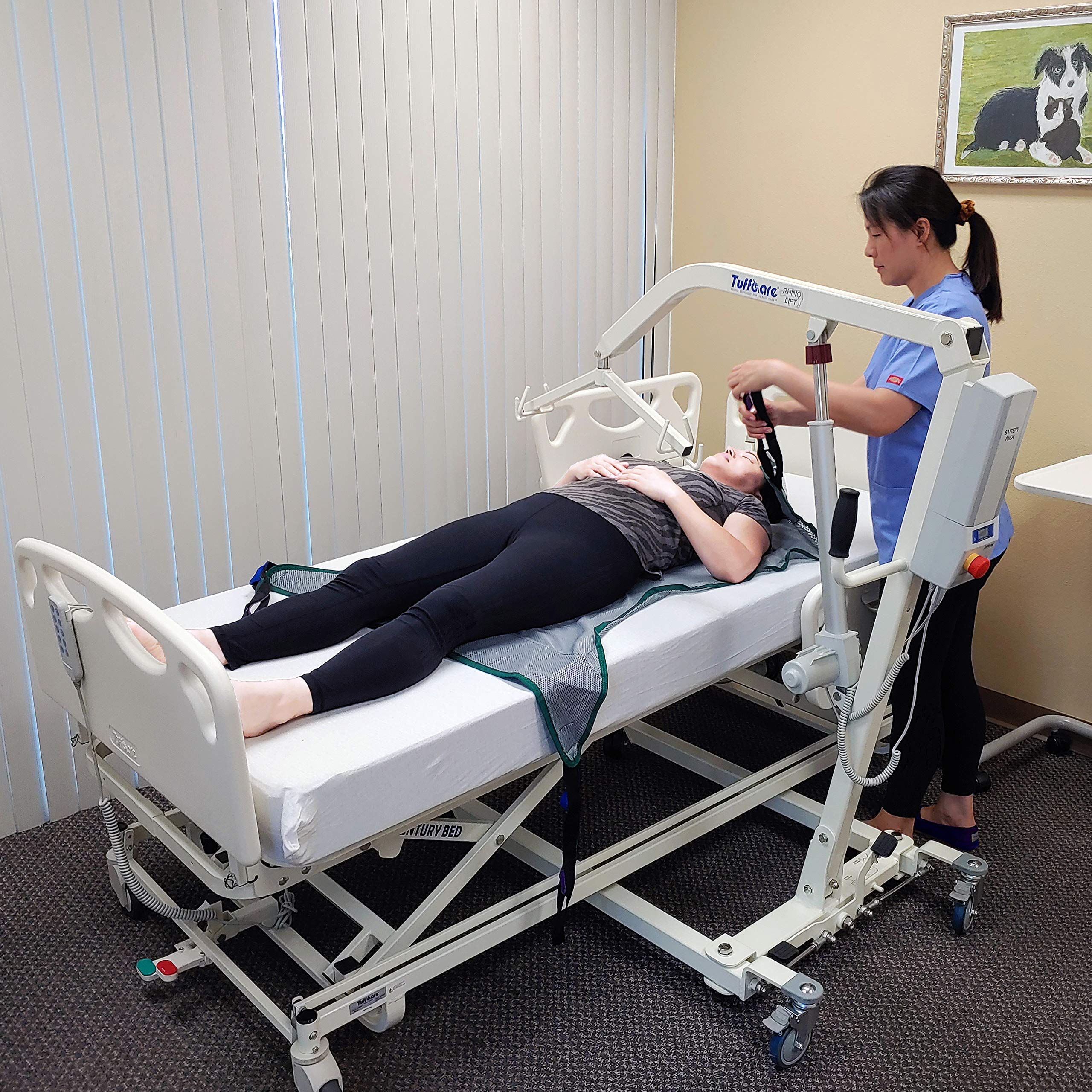 Tuffcare Electric Patient Lift - Rhino Lift with Manual Low Base - with Shower Full Sling(Large), 450 lb. Weight Capacity.