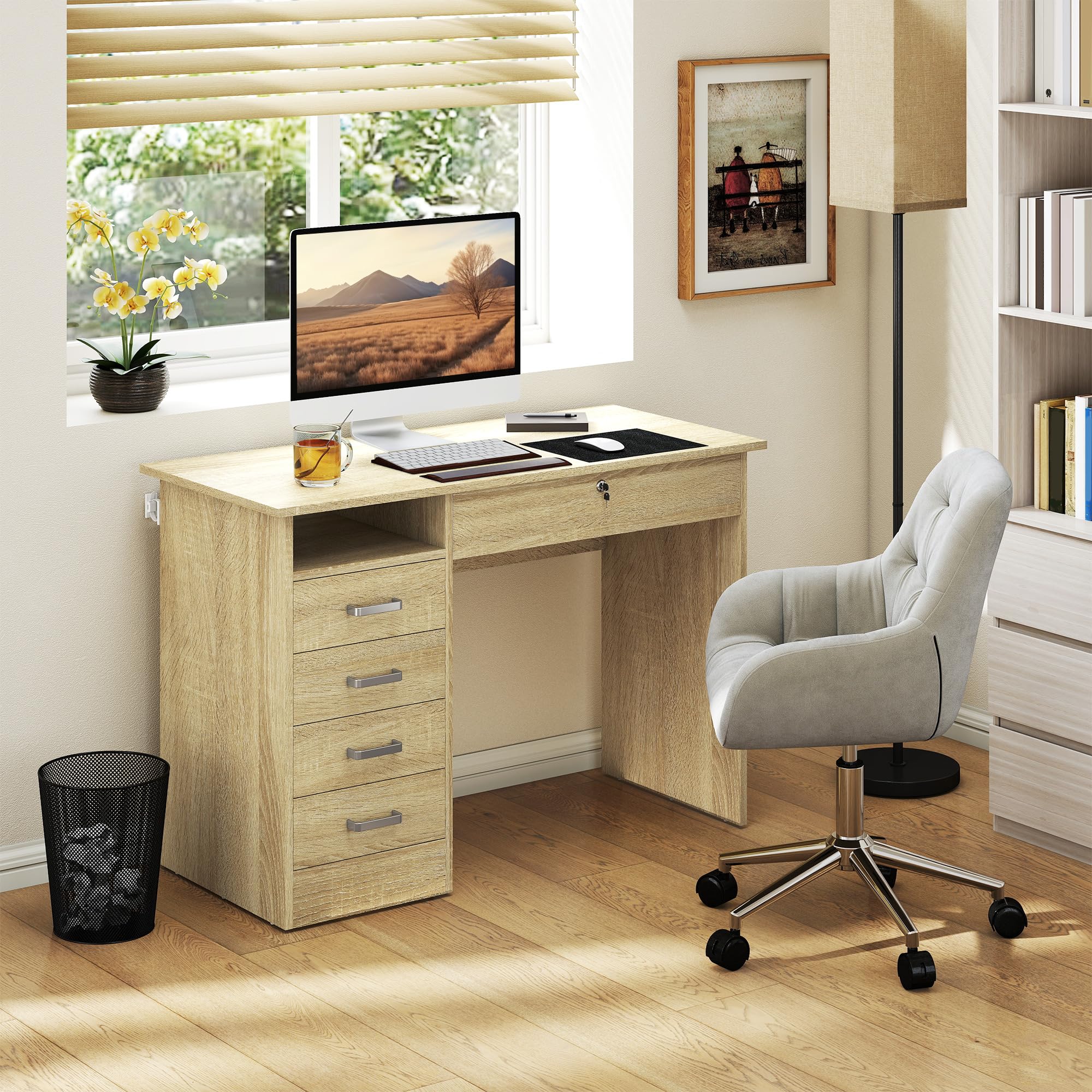 HOMCOM Tavolo per computer moderno con 5 cassetti, ampio piano, 1 scomparto aperto, cassetto con serratura, 110 x 50 x 76 cm, rovere