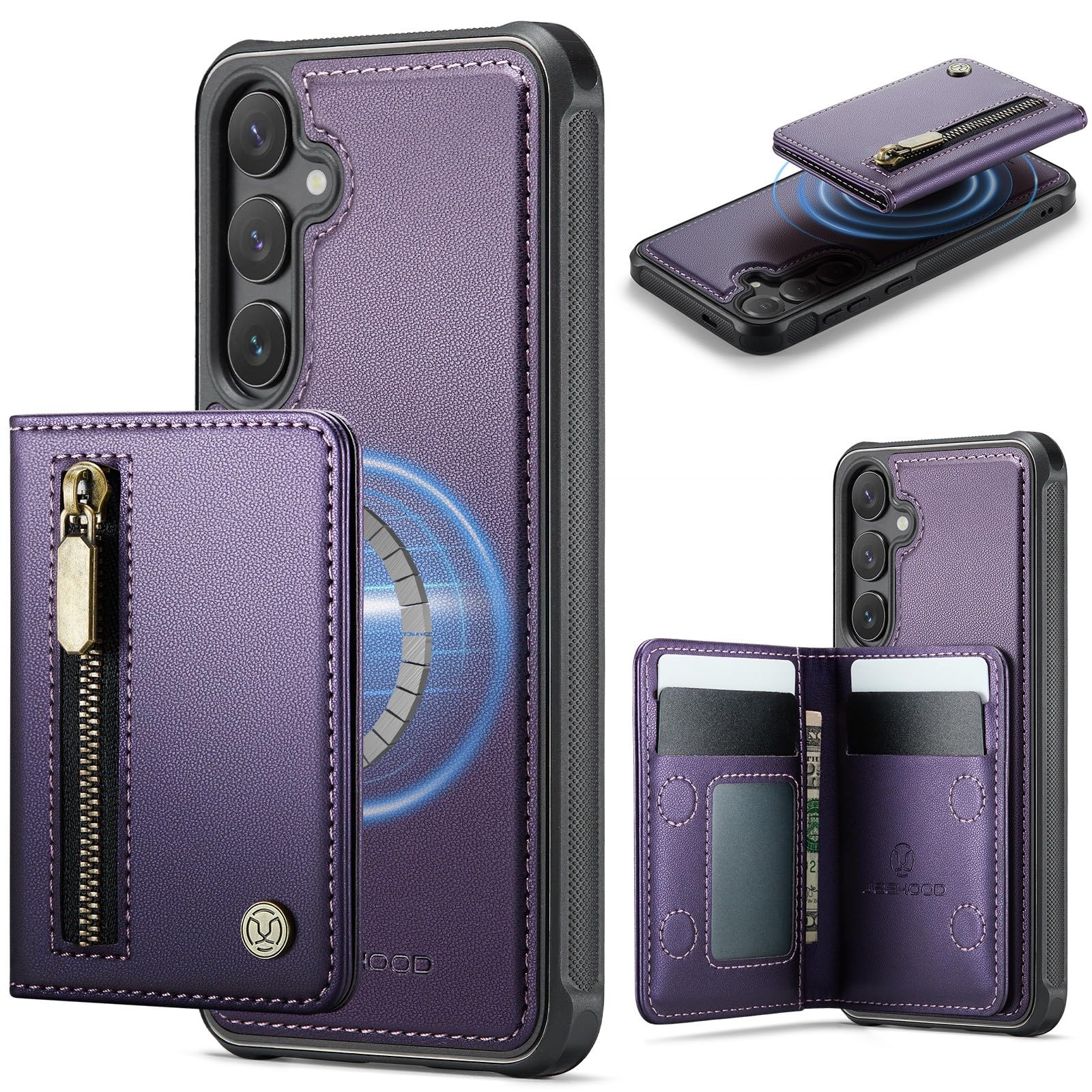 Generic Étui compatible avec Samsung Galaxy S23 FE (couleur : violet) Étui à rabat en cuir avec fermeture éclair arrière magnétique en silicone