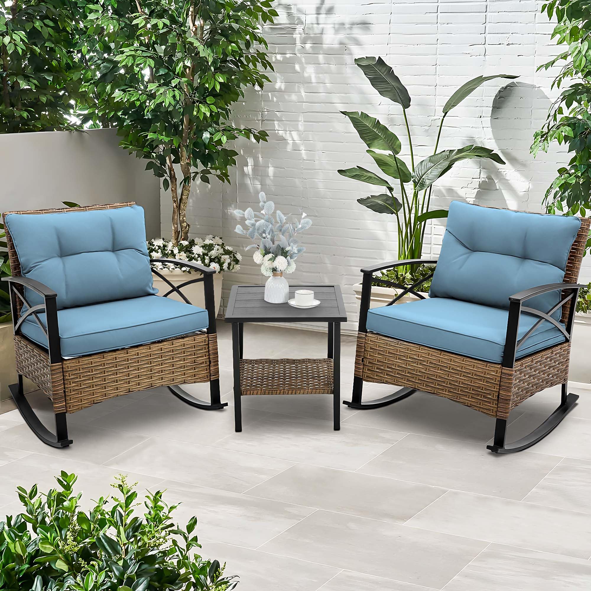 3 Pieces Rocking Rattan Set, Outdoor Wicker Rocking Chairs Set of 2, Bistro Set with Cushions & Steel Frame, All-Weather Rocking Lawn Wicker Furniture for Porch Backyard Outside (Blue)