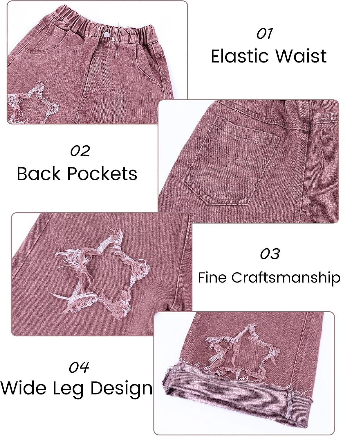 Girls Baggy Jeans Star Patchwork Denim Pants Elastic Waist Straight Trousers Wide Leg Soft Trousers 5-14 Years
