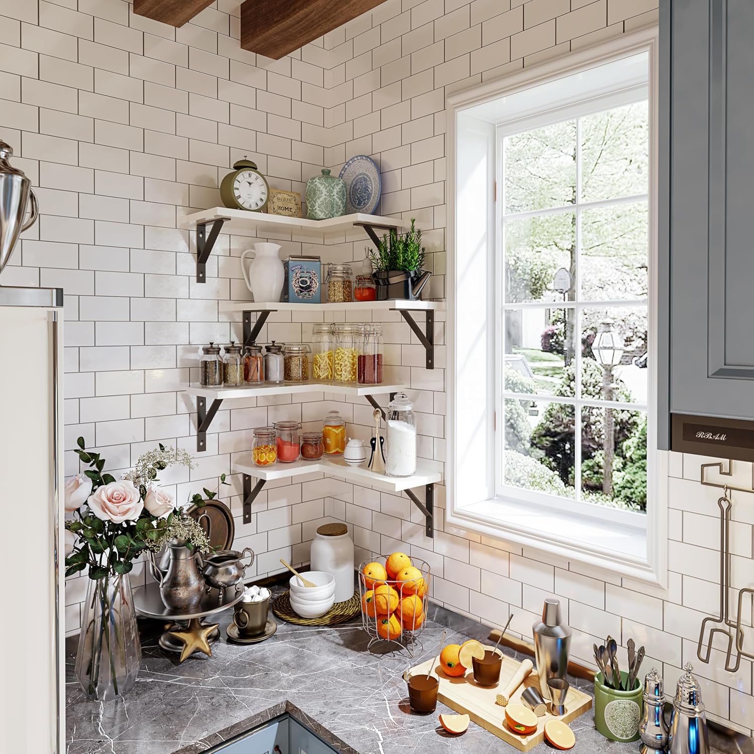 Corner Shelf Wall Mounted, Set of 4, Corner Floating Shelves, Corner Wall Shelf, Corner Hanging Shelf for Living Room, Kitchen and Bedroom (White Gold, 16.3 Inches)