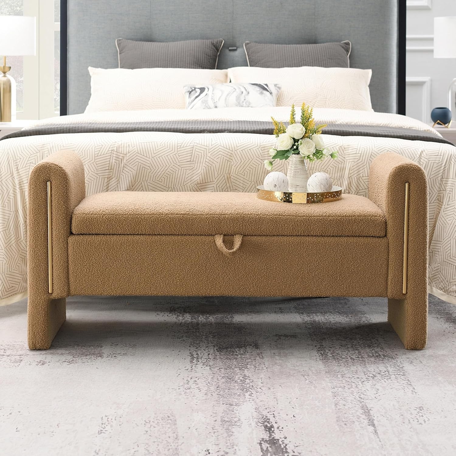 Christopher Knight Home Upholstered Storage Ottoman, Teddy Fabric Bench with Solid Wood Legs, Comfortable Foot Rest Stool, Storage Bench for Bedroom End of Bed, Living Room, Dining Room, Khaki
