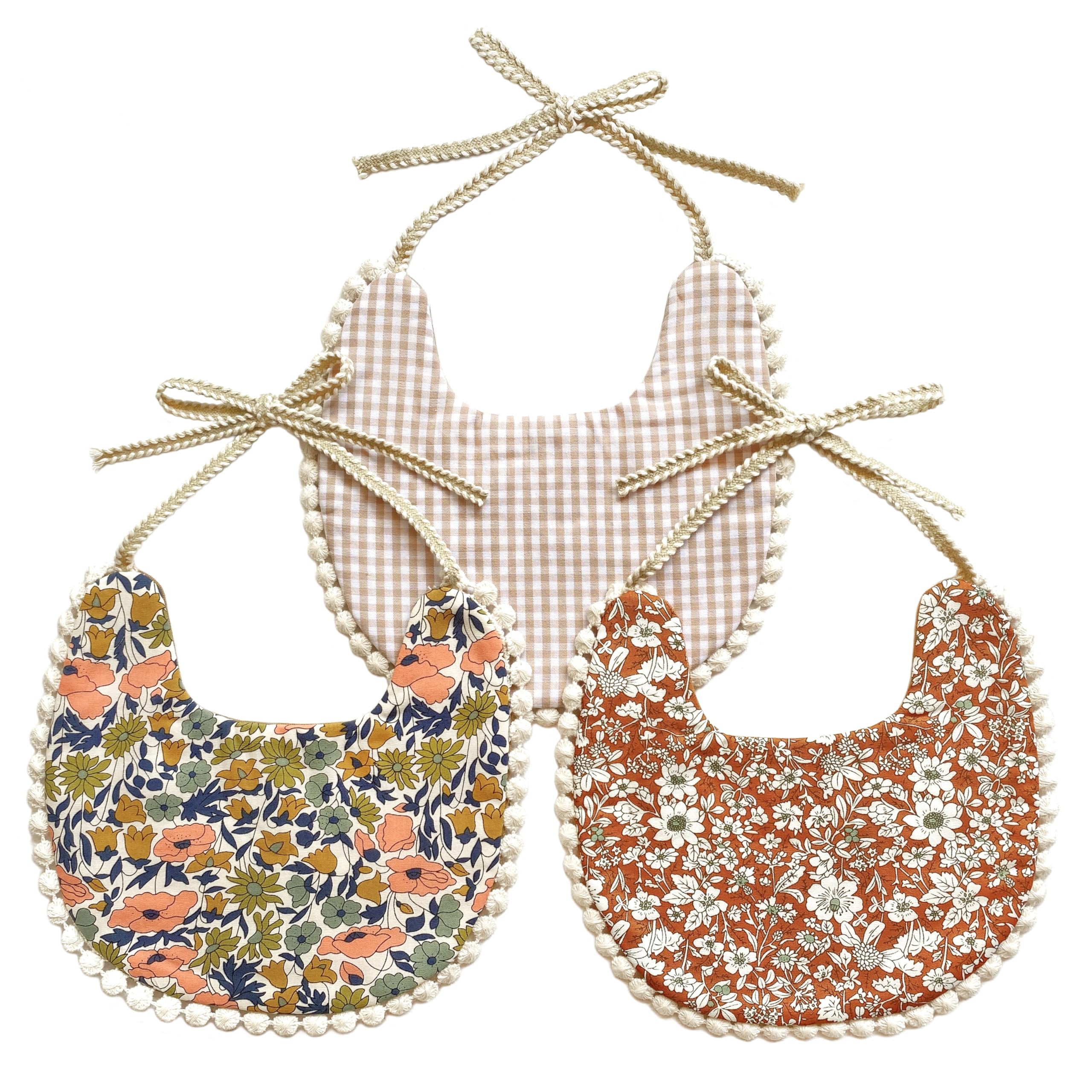 Cherssy Baby Bibs for Girls, Reversible Natural Cotton & Linen bibs, Boho-chic Lace Handmade Baby Drool Bibs 0-24 Months, 3 Pack
