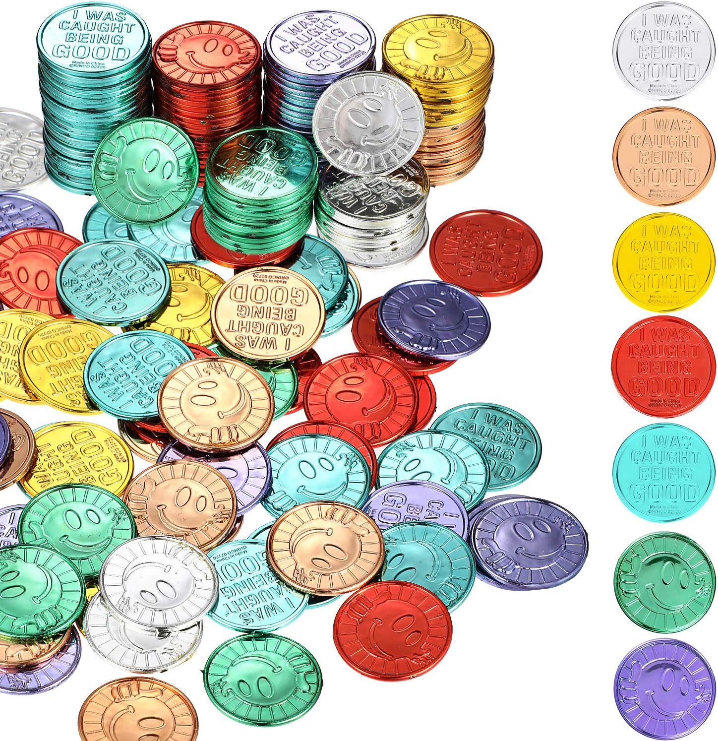 200 Pieces I was Caught Being Good Coins Incentive Kids Tokens Bulk School Classroom Behavior Incentives and Teacher Handout Rewards Smile Face Pretend Play Coin Colorful Plastic for Kids School